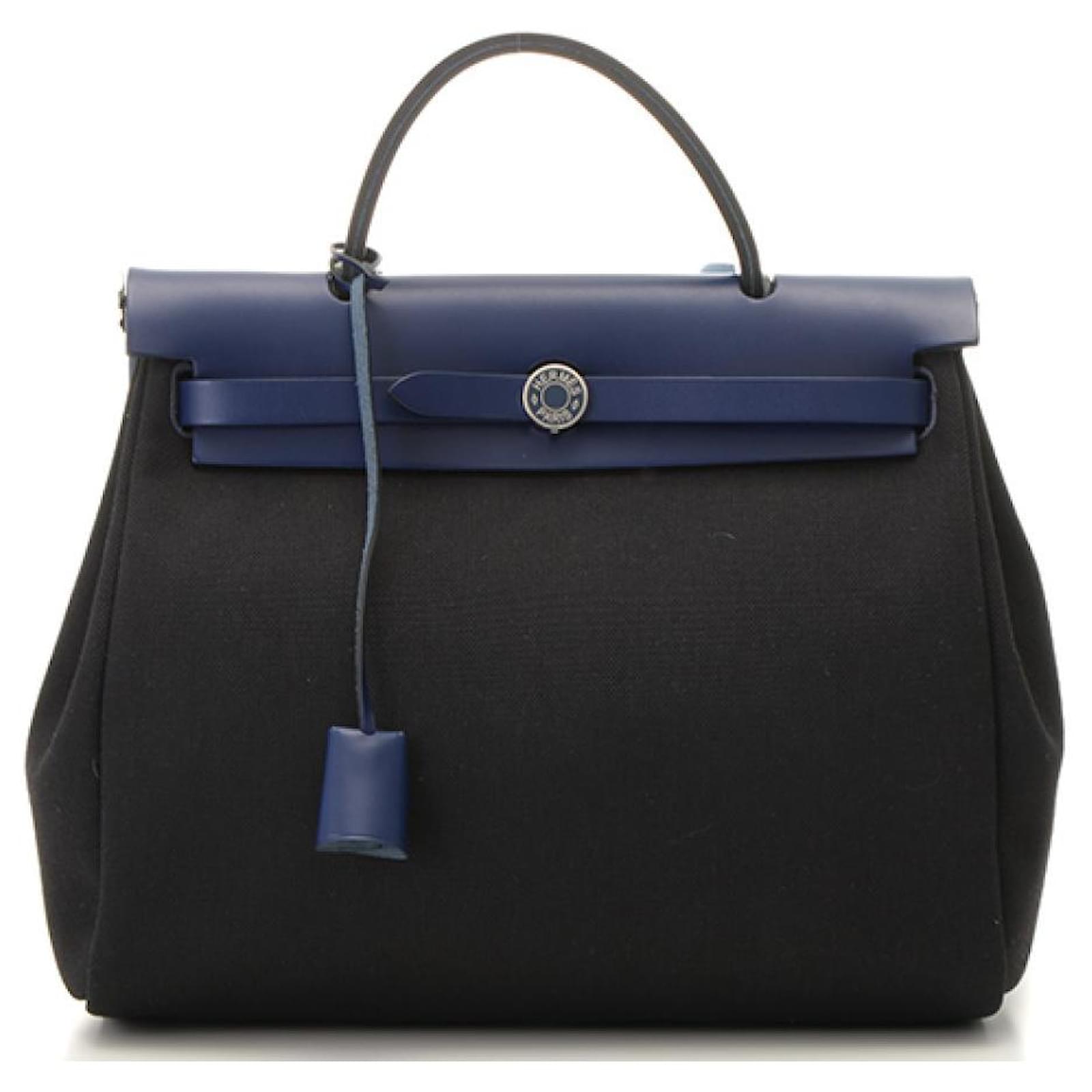 *Hermès Ale Bag Zip PM Blue Black Canvas Calf Palladium (Silver ...