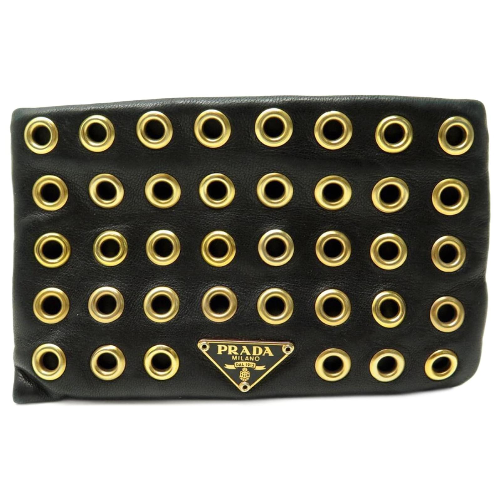 PRADA COIN PURSE IN BLACK LEATHER AND GOLD STUDS EYELET LEATHER POUCH  WALLET  - Joli Closet