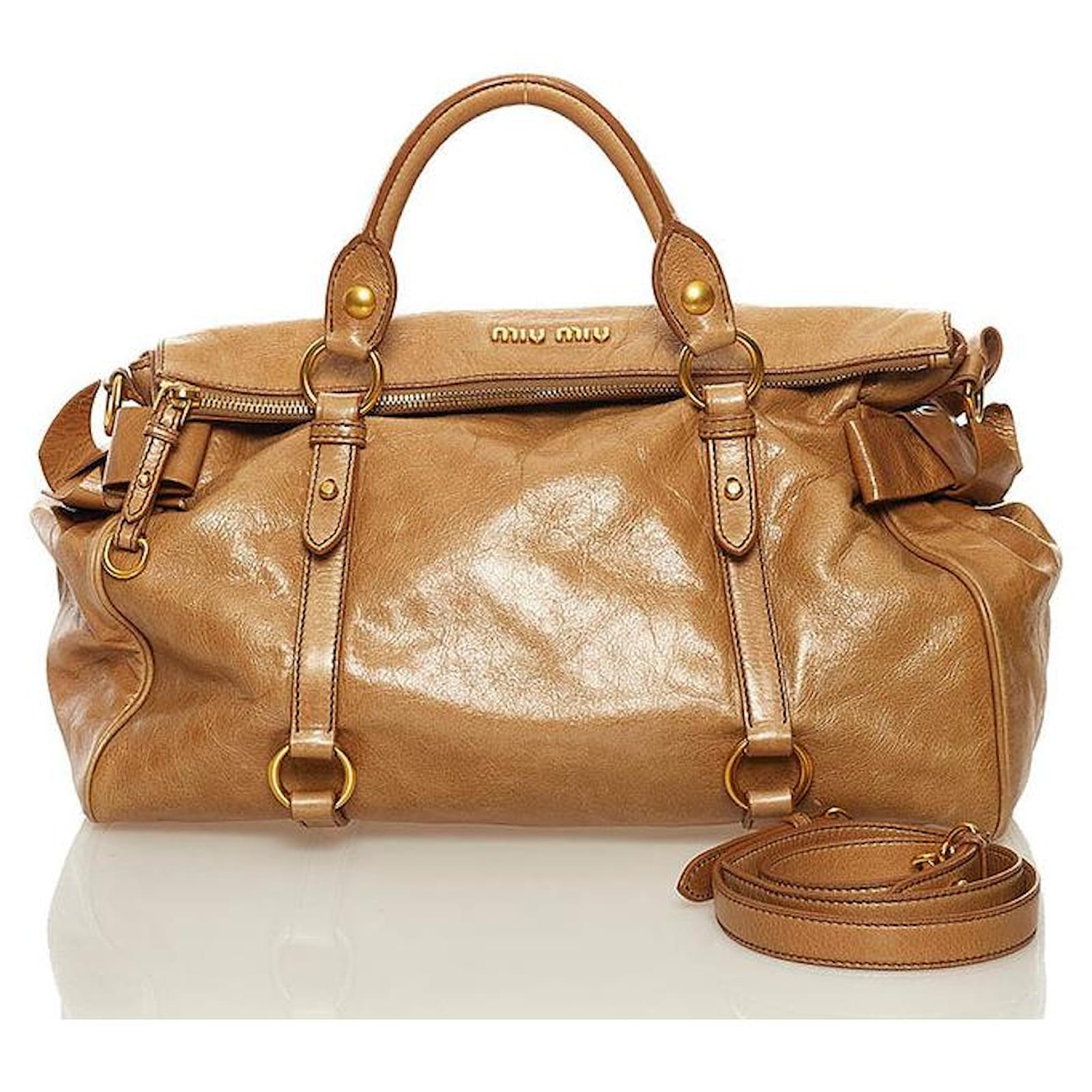 Brown Miu Miu Vitello Lux Bow Satchel Handbag