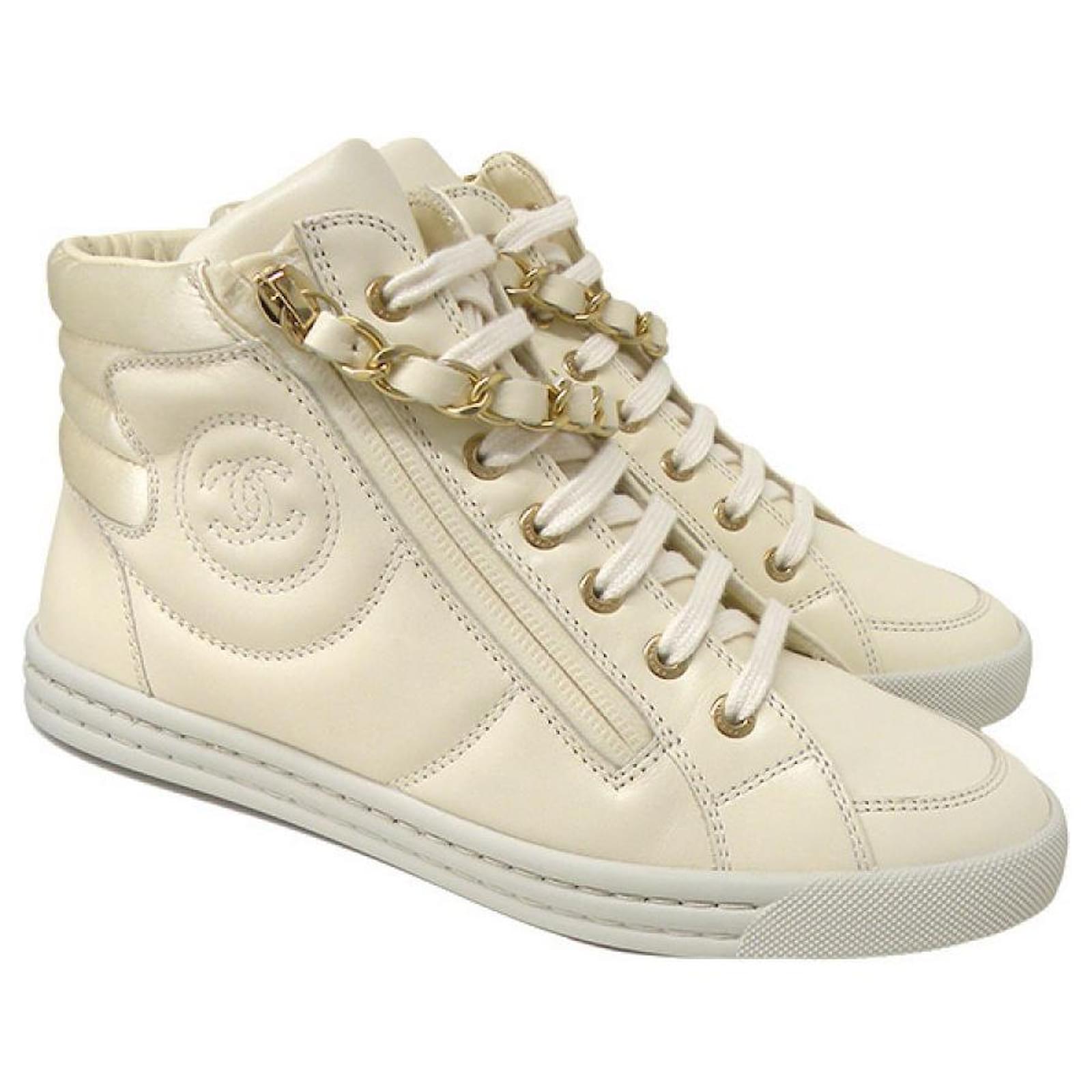 Chanel High Cut Sneakers Size 36 about 23cm Off White Coco Mark Chain Ivory  Shoes Leather Pony-style calfskin Satin ref.704377 - Joli Closet