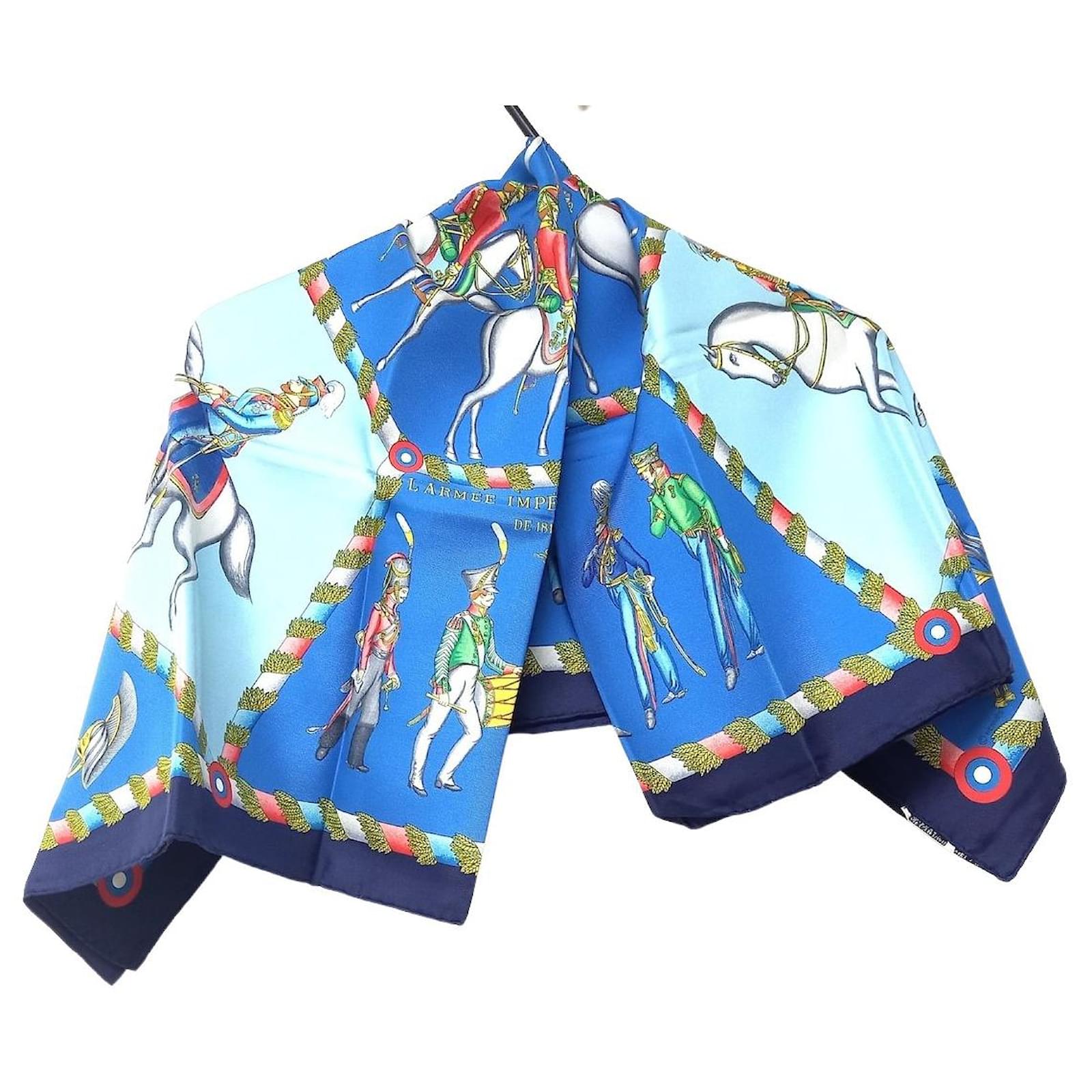 HERMES Calle 90 silk Painting of a Horse scarf blue 90