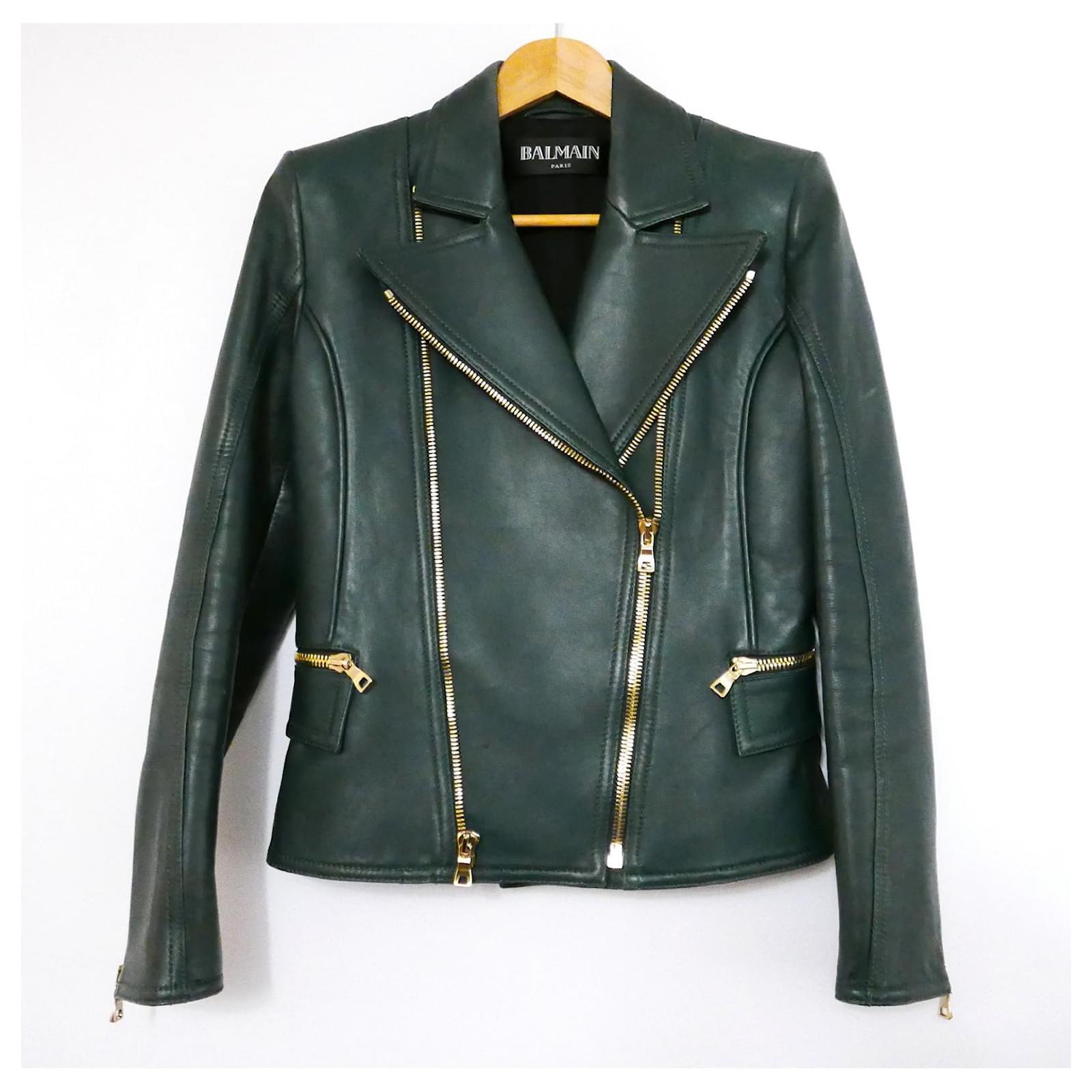Balmain hunter green leather biker jacket Dark green ref.709128 Joli Closet