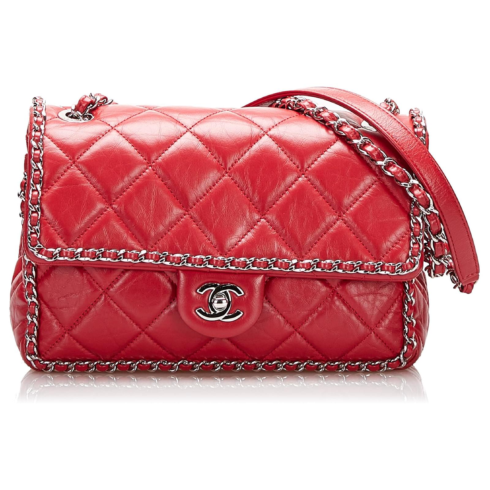 Chanel Red Crumpled Chain All Over Flap Leather Pony-style calfskin  ref.709232 - Joli Closet
