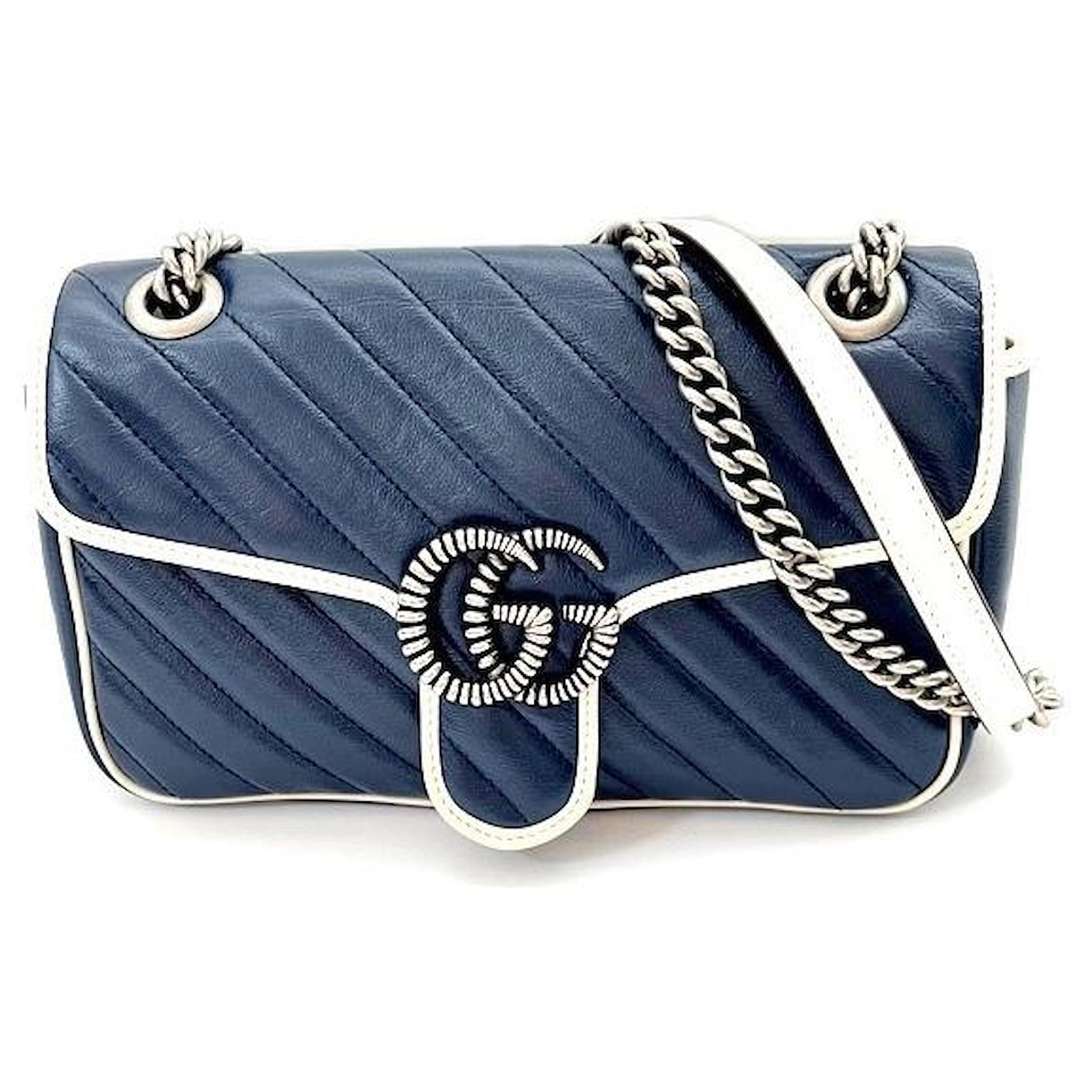 Gucci GG Marmont small shoulder shoulder bag hardware women's bag diagonal chain  pochette leather Silvery White Navy blue ref.711548 - Joli Closet