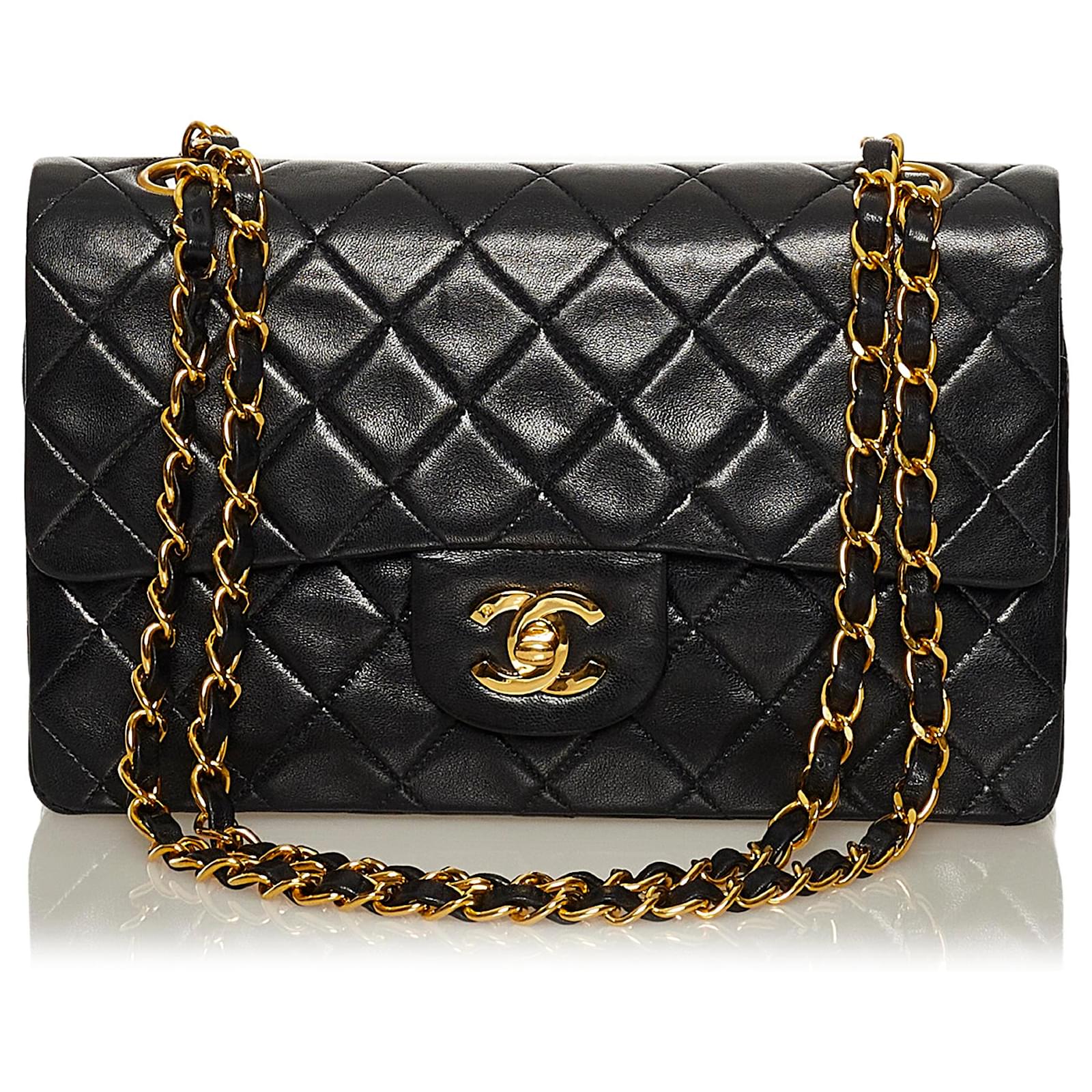 Chanel Black Classic Small Lambskin Double Flap Leather ref.711755