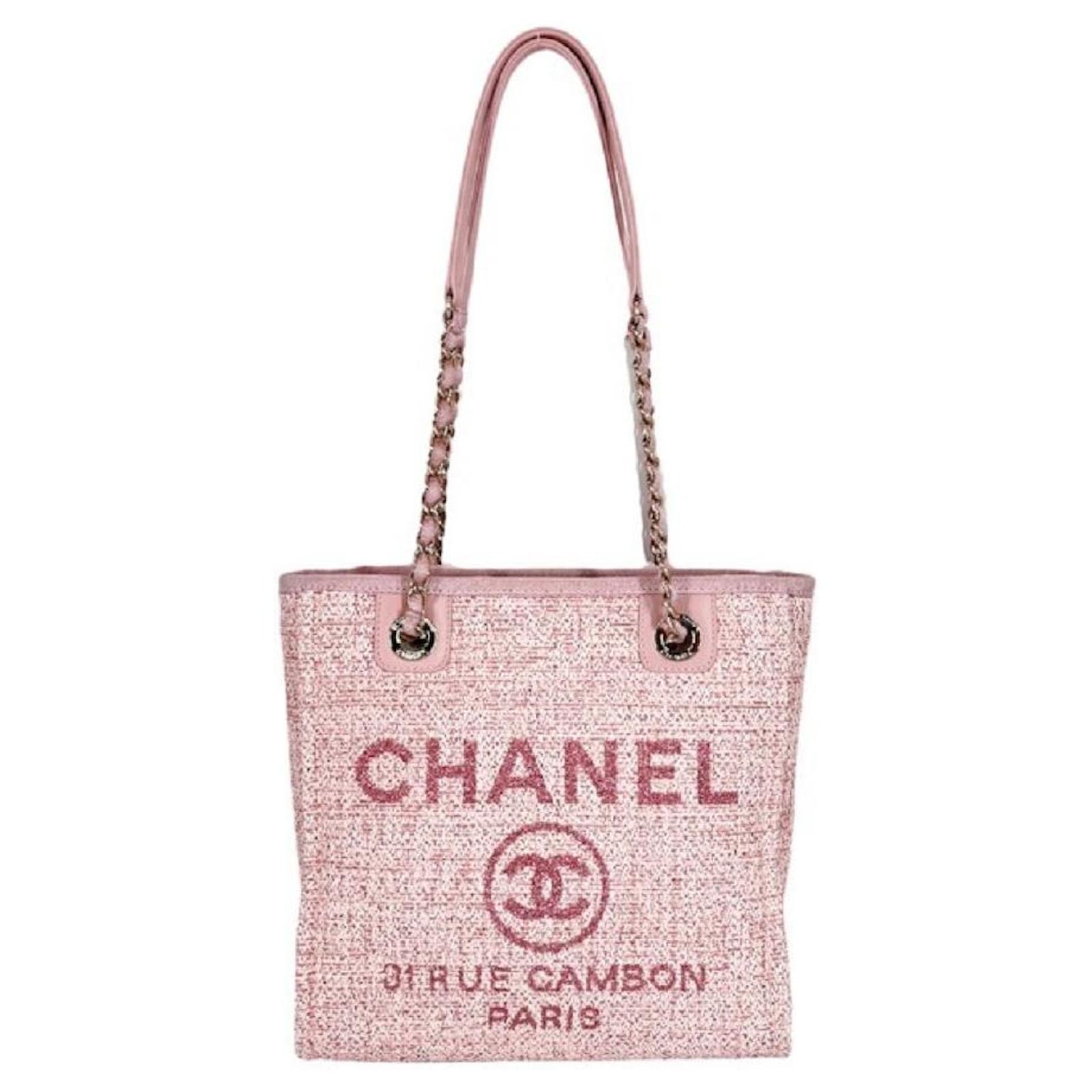 Chanel handbag ladies Deauville PM chain tote bag Cocomark 31 RUE CAMBON  tweed bag Pink Nylon ref.712481 - Joli Closet