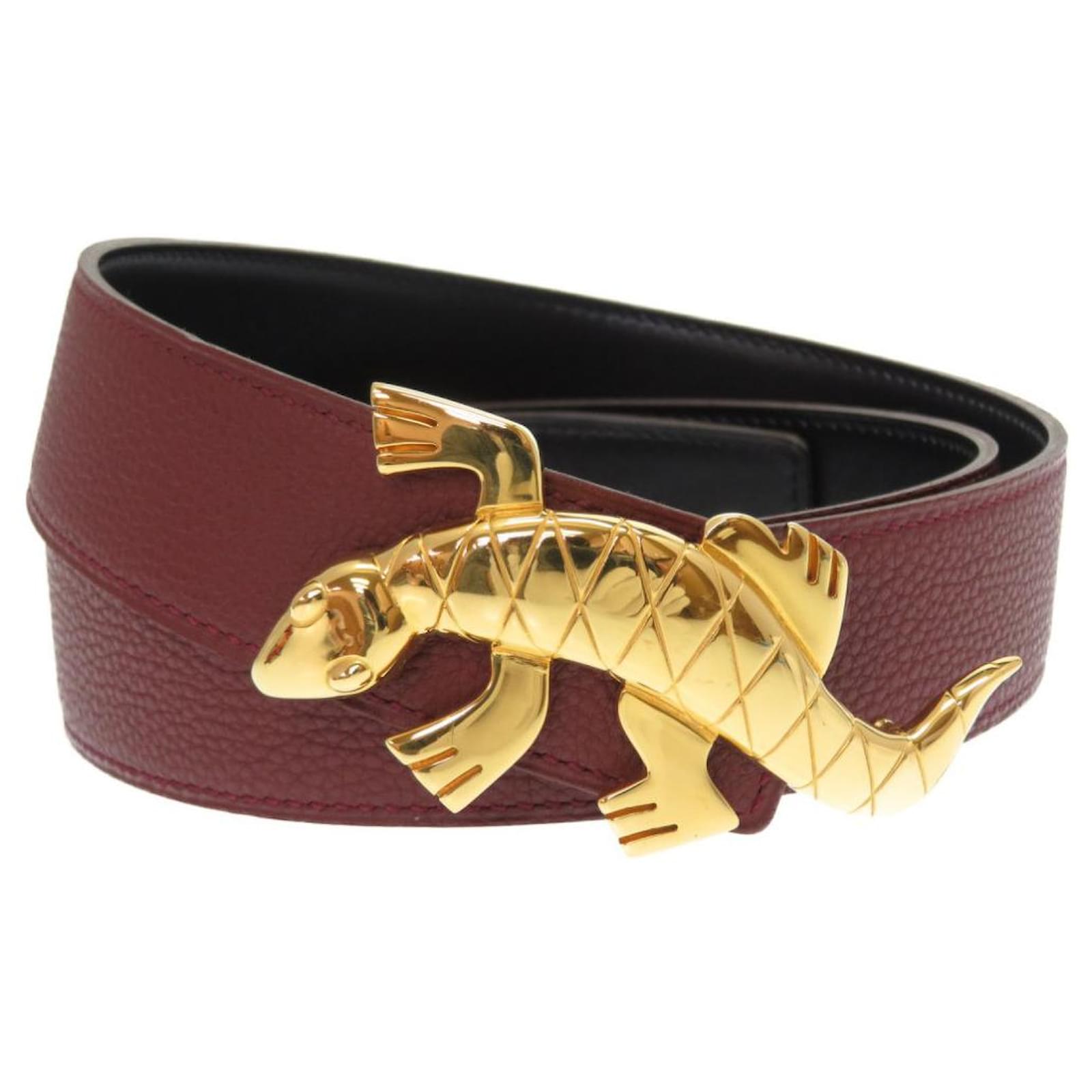 Hermès * Hermes Lizard Buckle Leather Belt Taurillon Clemence/Box Calf  Rouge Ash/Black Gold □K Engraved 0095 ref.713517 - Joli Closet