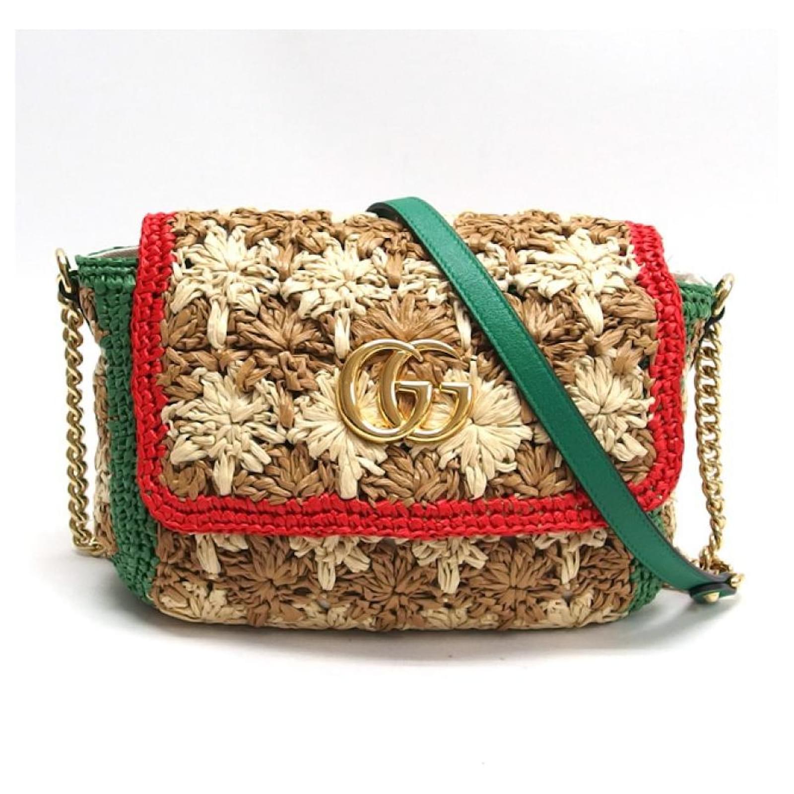 Gucci GG Marmont Small Chain Shoulder Bag Raffia White Red Green Leather   - Joli Closet