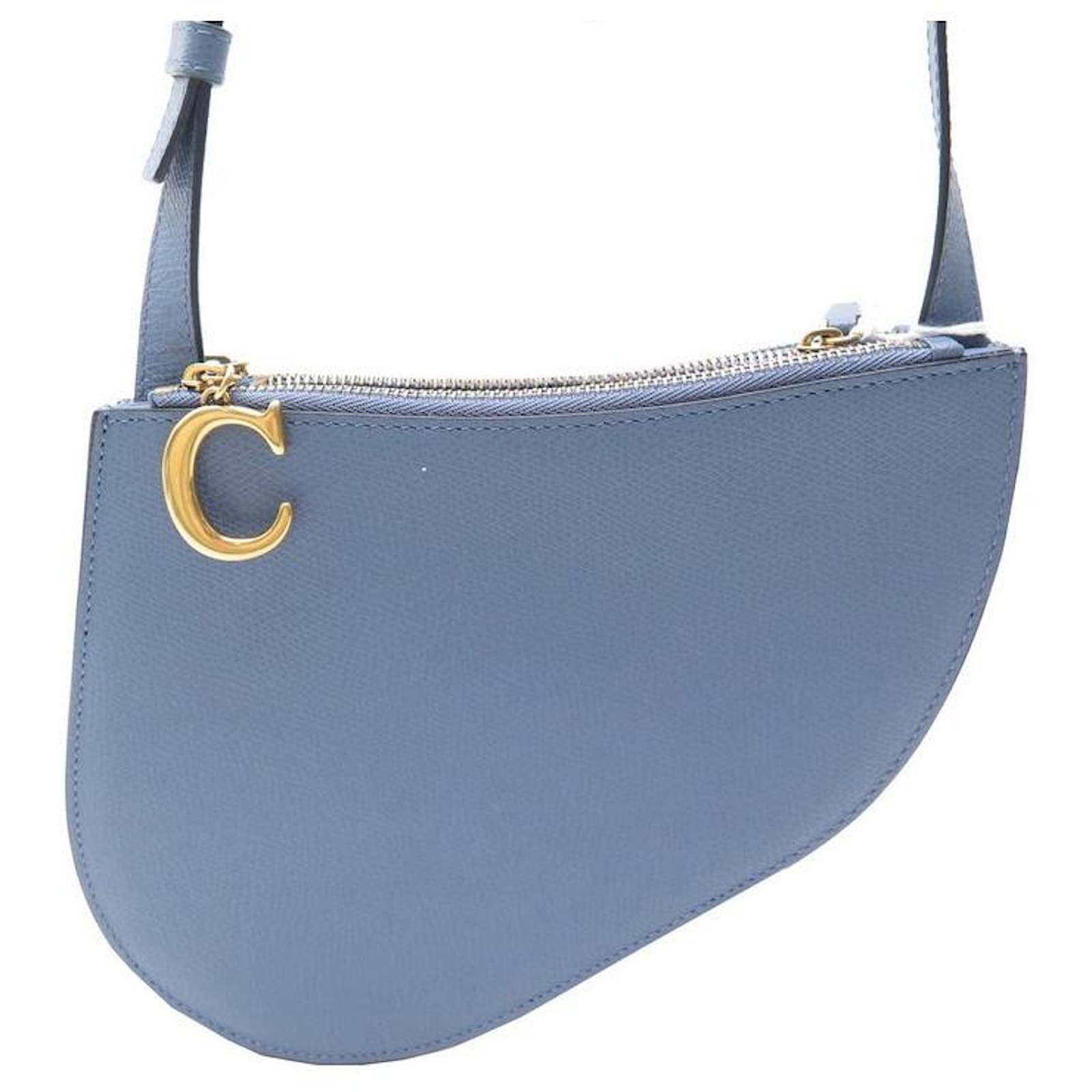 Christian Dior Triple Zip Saddle Crossbody Bag Denim Blue Leather