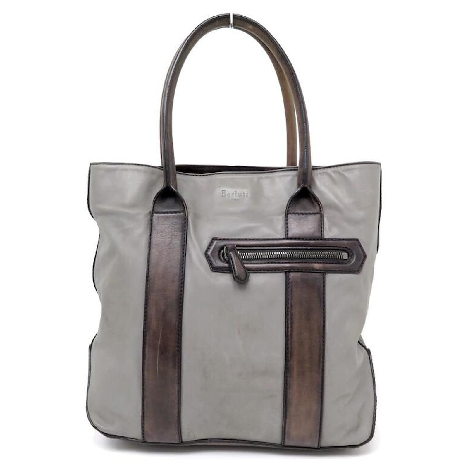 BERLUTI CABAS HANDBAG TWO-TONE LEATHER GRAY & BROWN PATINA TOTE