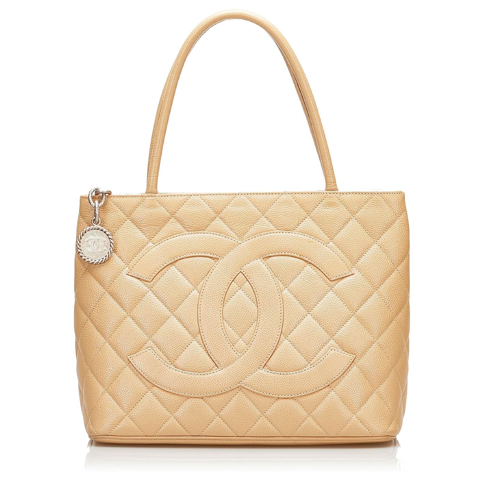 Chanel Brown Caviar Medallion Tote Bag Beige Leather ref.722908