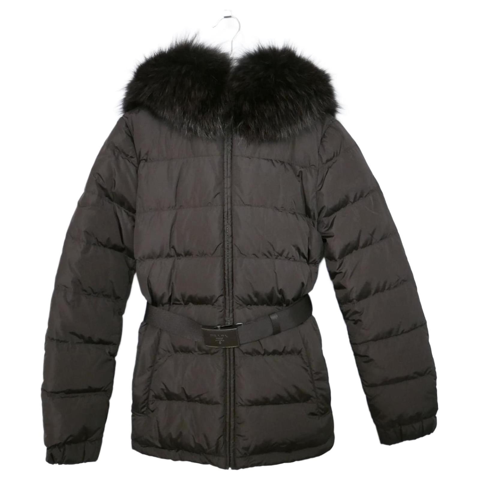 Prada Fur Hood Brown Puffer Jacket Coat Synthetic  - Joli Closet