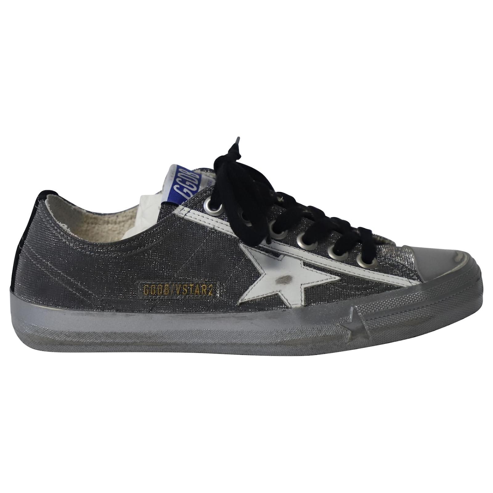 Golden Goose Glittered V-Star Low Top Sneakers in Dark Grey Leather ref ...