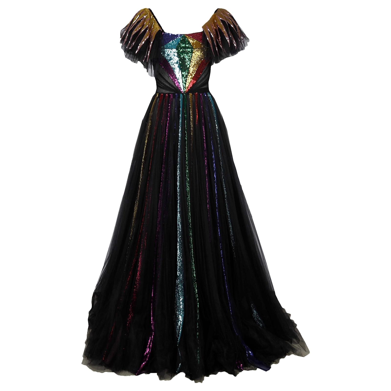 Gucci Embroidered Sequin Tulle Gown Black Nylon Joli
