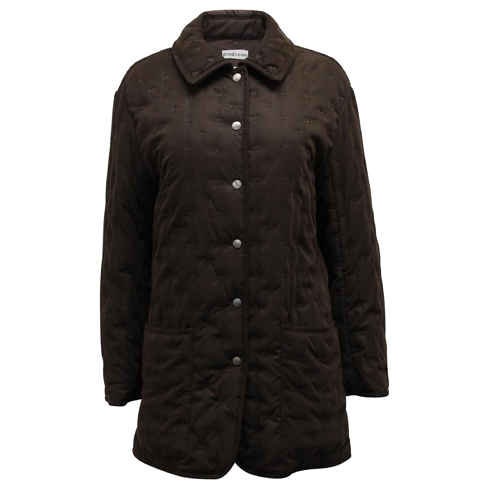 Herm?�s Manteau Rembourr?� Broderie G?�om?�trique Hermes en Polyester Marron ref.730509 - Joli Closet
