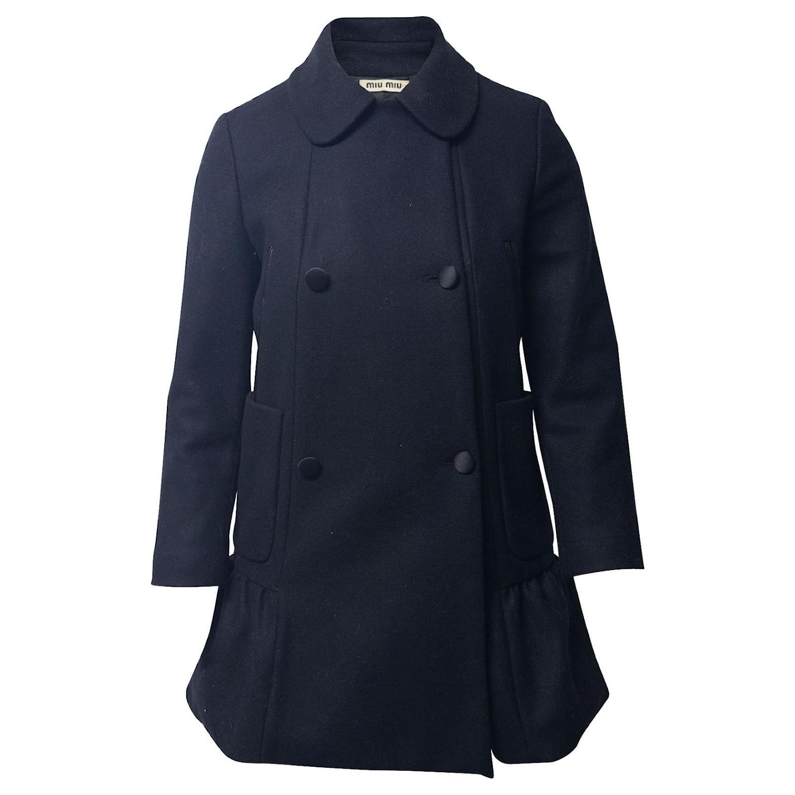 Miu Miu Ruffle Pea Coat in Black Wool ref.730597 - Joli Closet