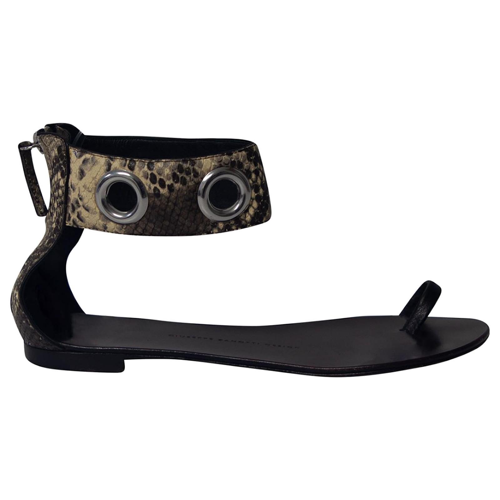 Giuseppe Zanotti Snakeskin Print Ankle Strap Flat Sandals in Black Leather