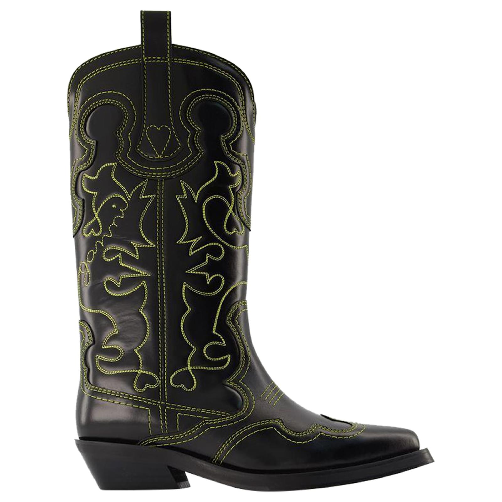 Ganni Mid Shaft Embroidered Western Boots in Black Leather ref.731943 ...