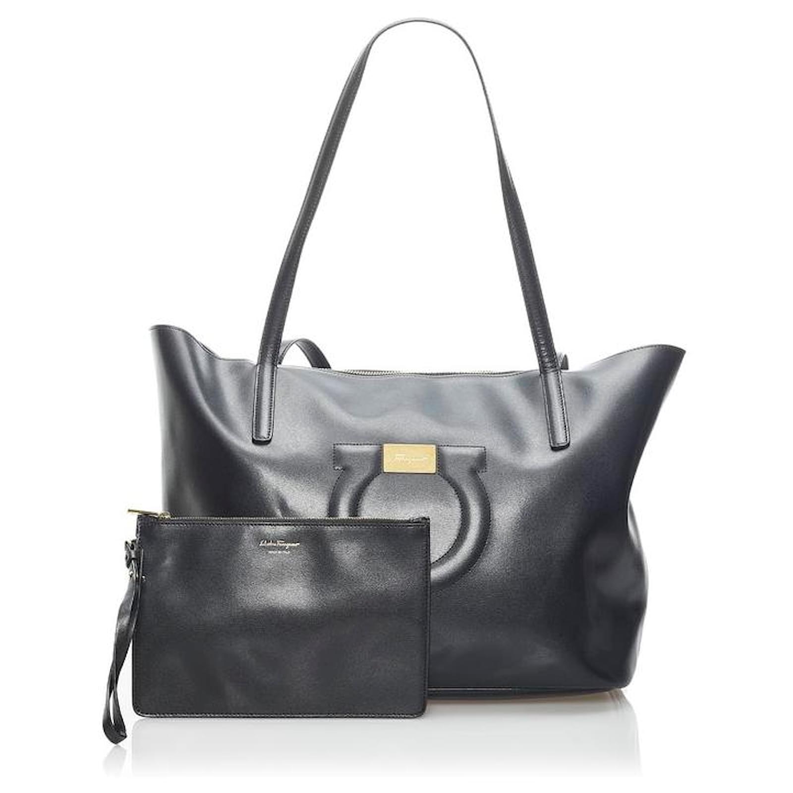 Salvatore Ferragamo Gancini Leather Tote Bag Black Pony-style