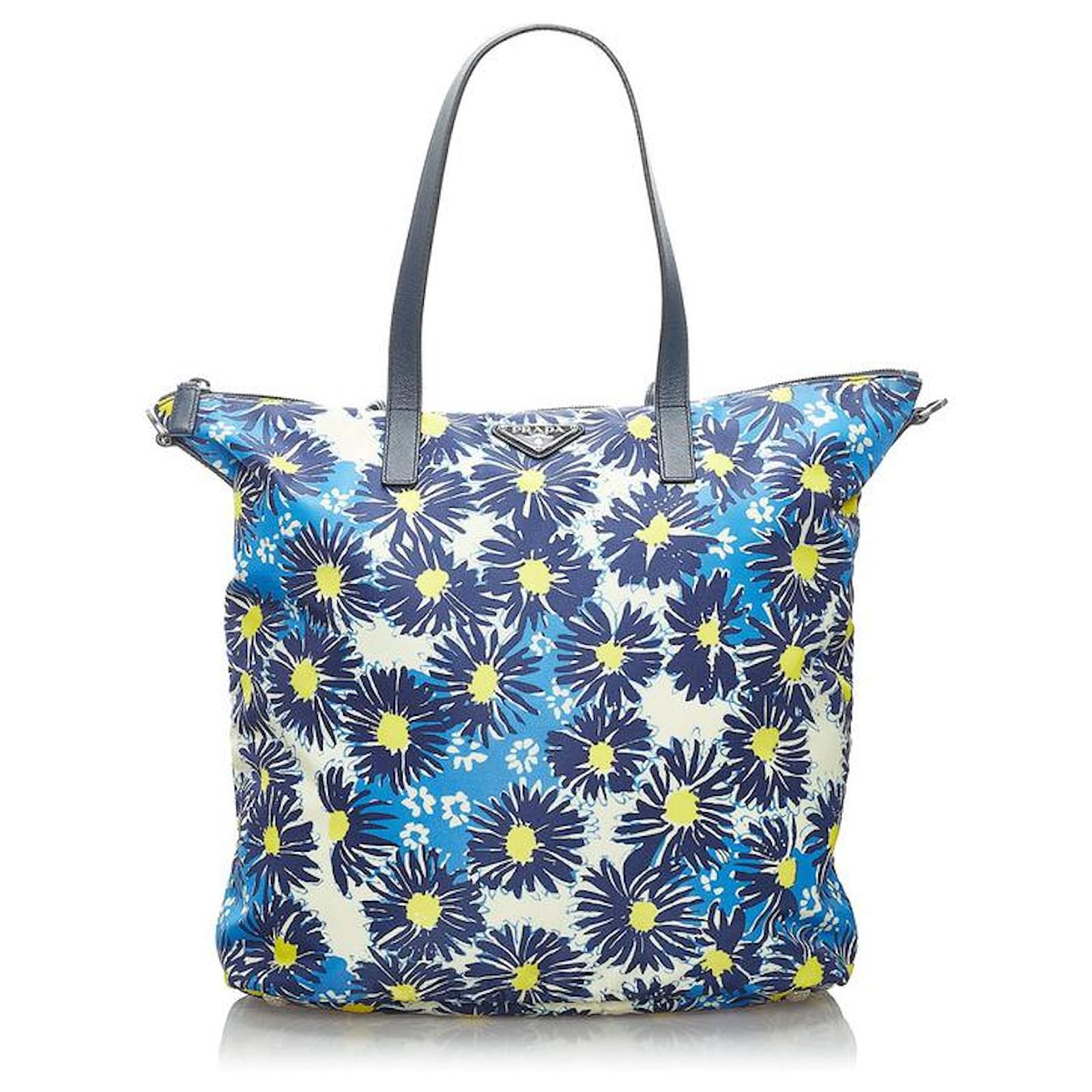 Prada Tessuto Stampato Floral Tote Bag Blue Cloth  - Joli Closet