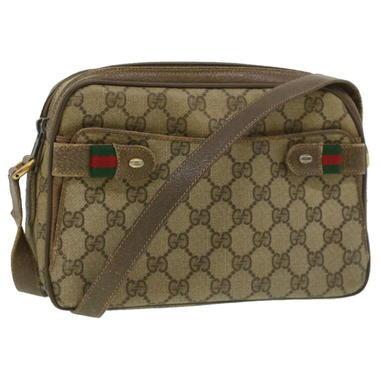 GUCCI GG Canvas Web Sherry Line Shoulder Bag Beige Red Green Auth ro580 ...