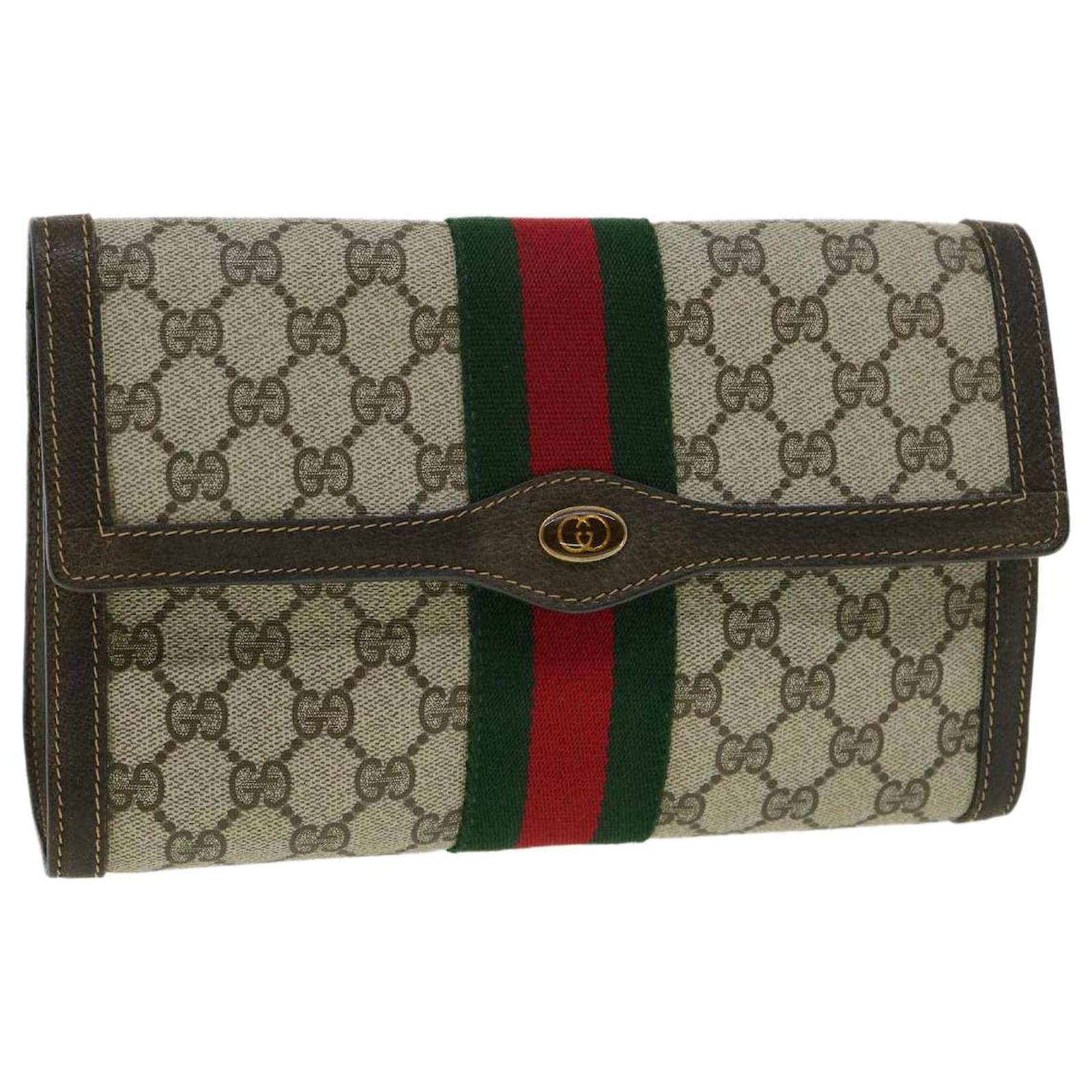 GUCCI GG Canvas Web Sherry Line Clutch Bag Beige Red Green Auth yk5510b ...