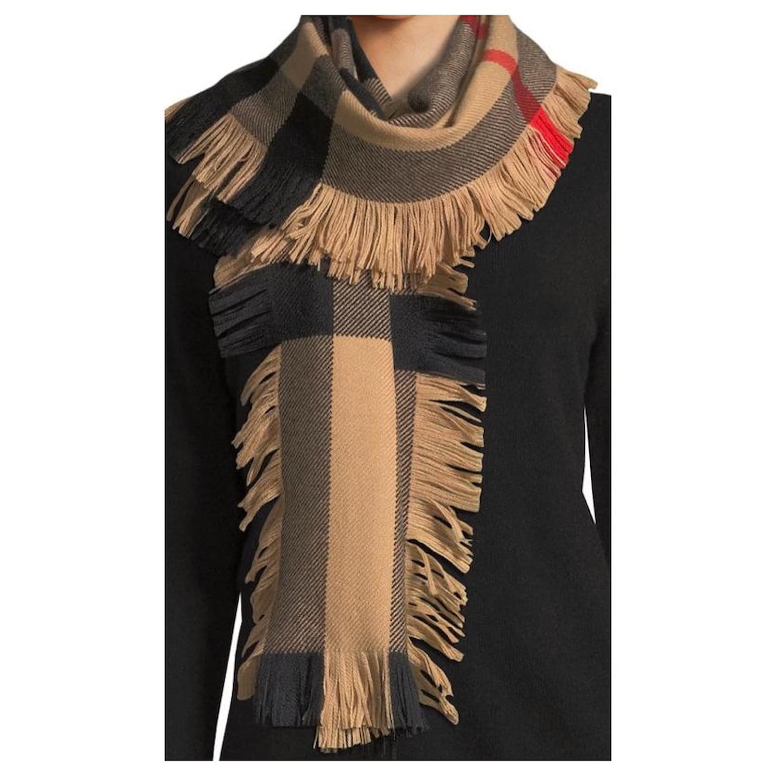 Burberry Half Mega Check Fashion Fringe Wool Scarf 230x25cm new with tag  Beige  - Joli Closet