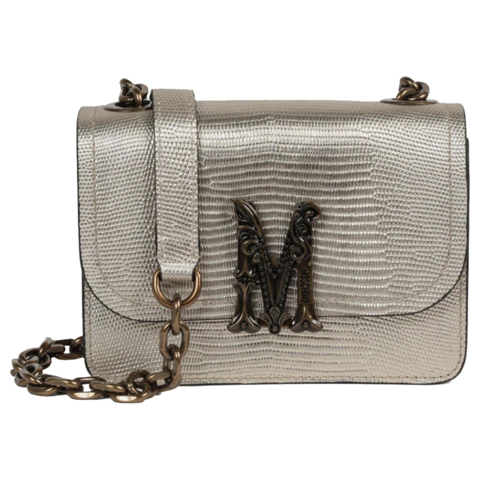 Moschino Logo Plaque Crossbody Bag Golden Metallic Leather ref.739680
