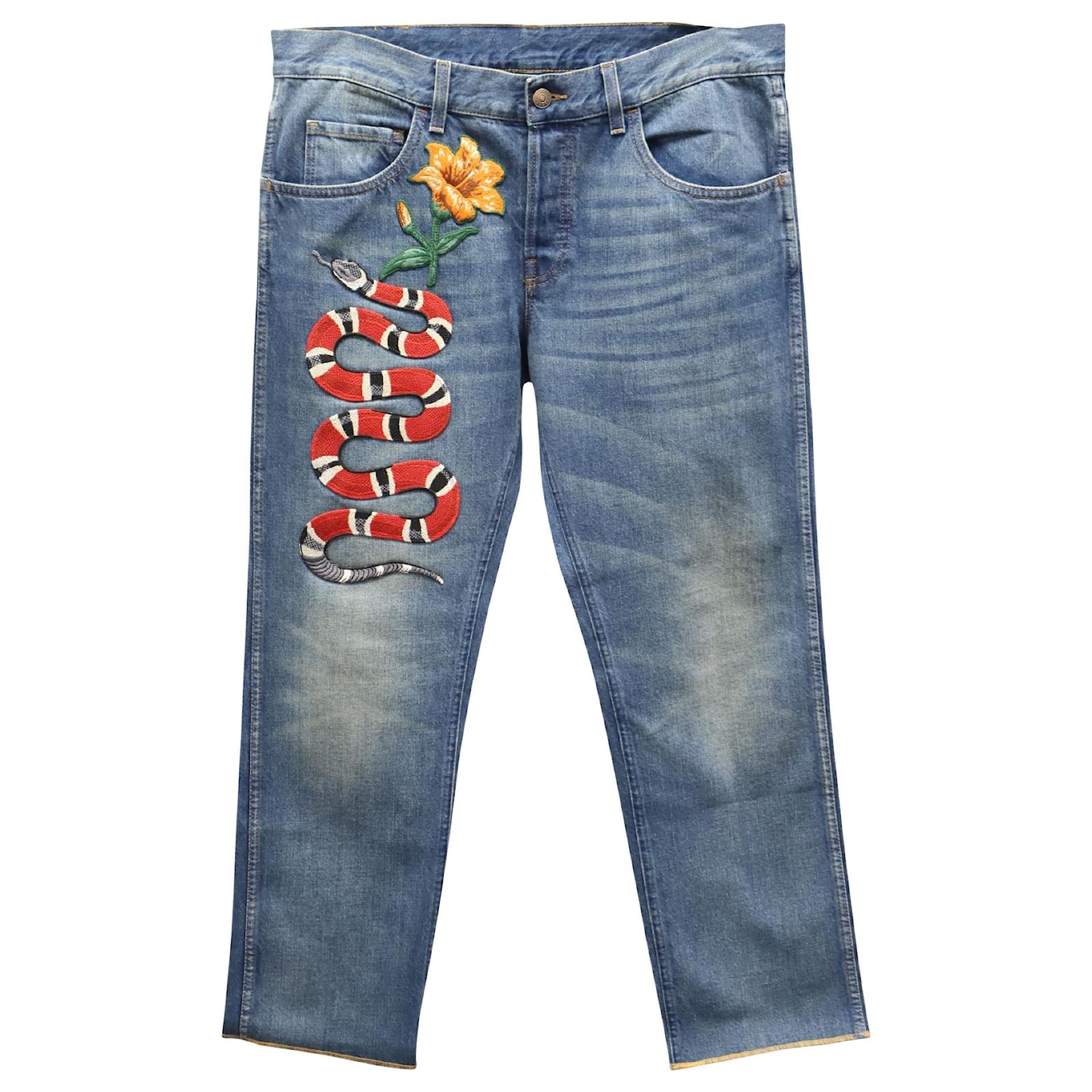 Gucci Snake Appliqué Tapered-Leg Jeans in Blue Denim - Closet