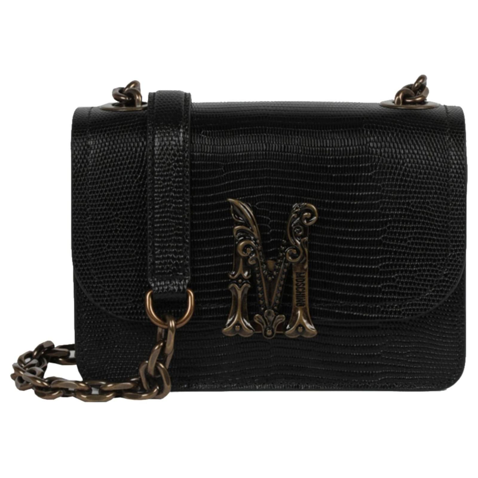 Moschino Logo Plaque ChainLink Crossbody Bag Black Leather ref.739932