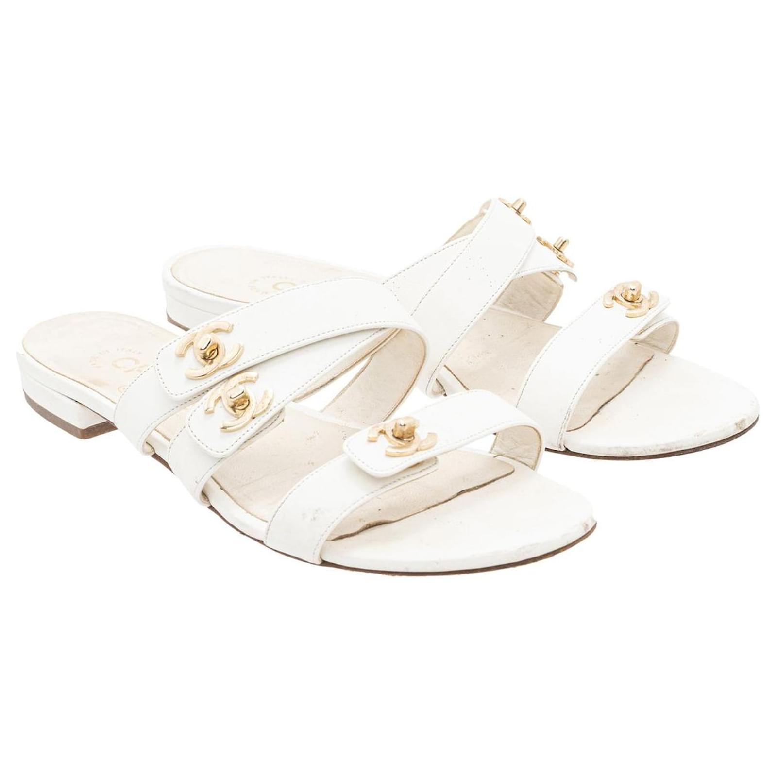 Chanel White Leather CC Buckle Sandals  - Joli Closet