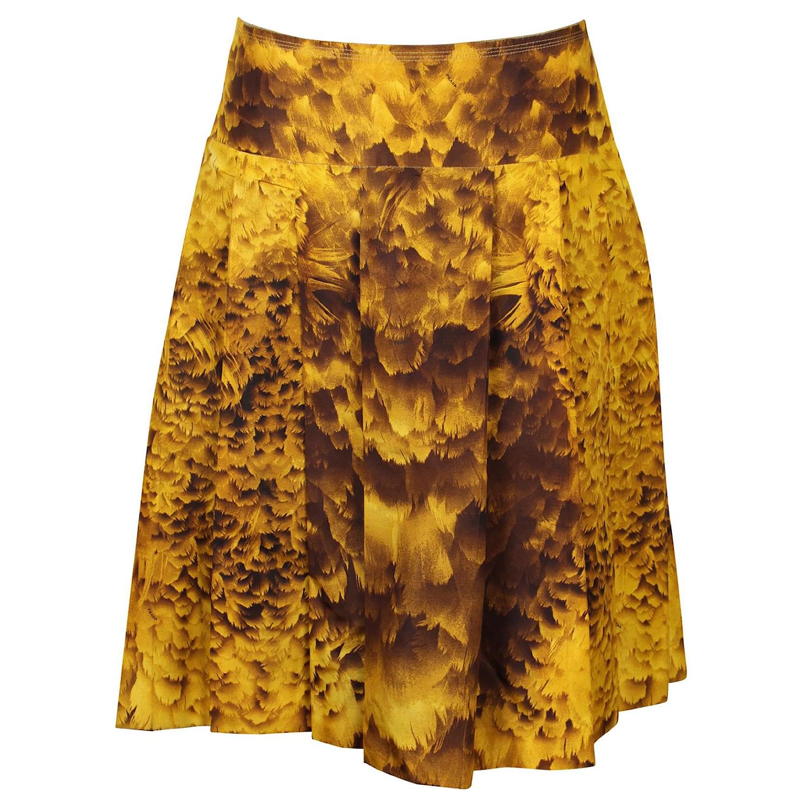 Prada Yellow Floral Pleated Midi Skirt Silk ref.740221