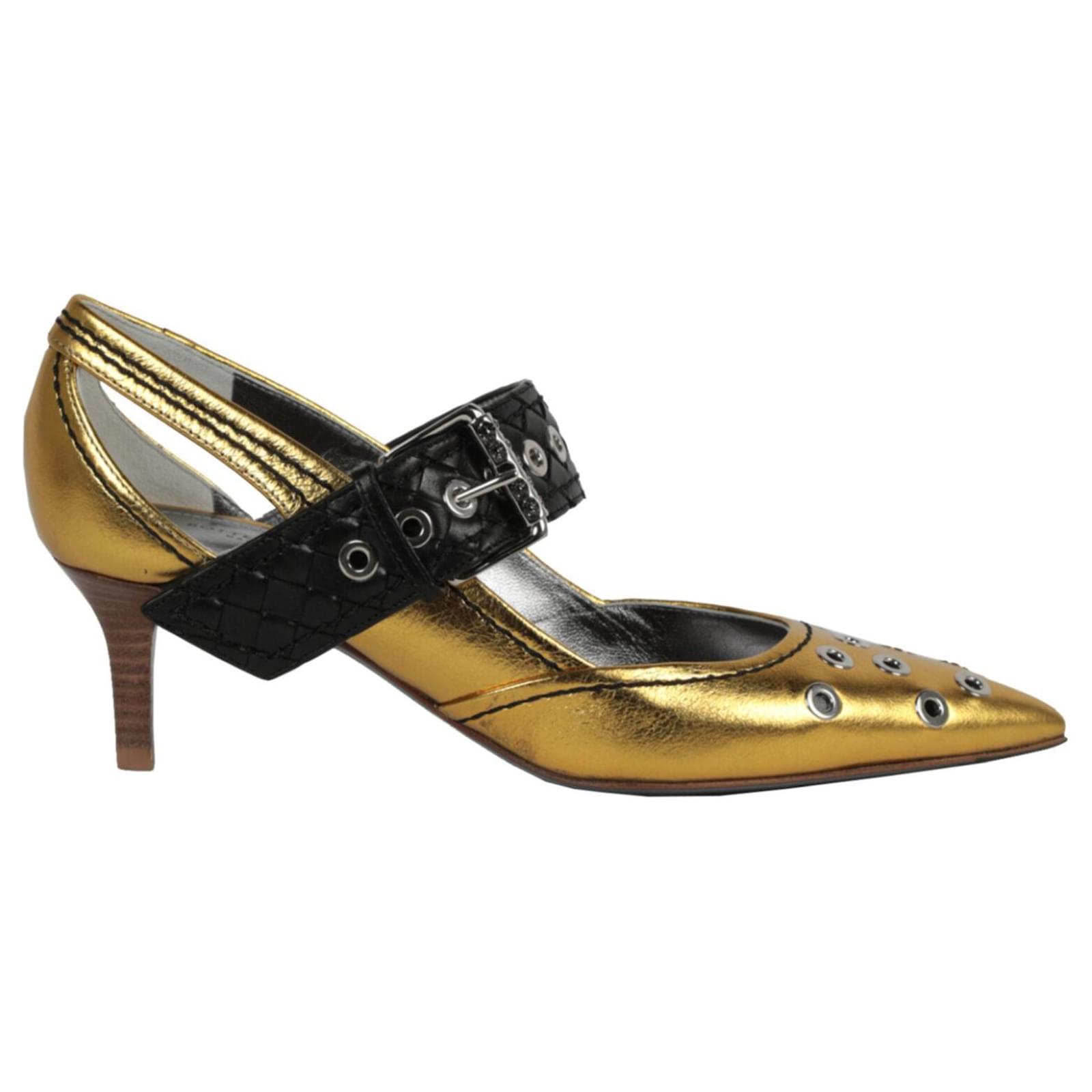 Bottega Pointed Toe Mary Jane Low Heel Pump Metallic Leather ref