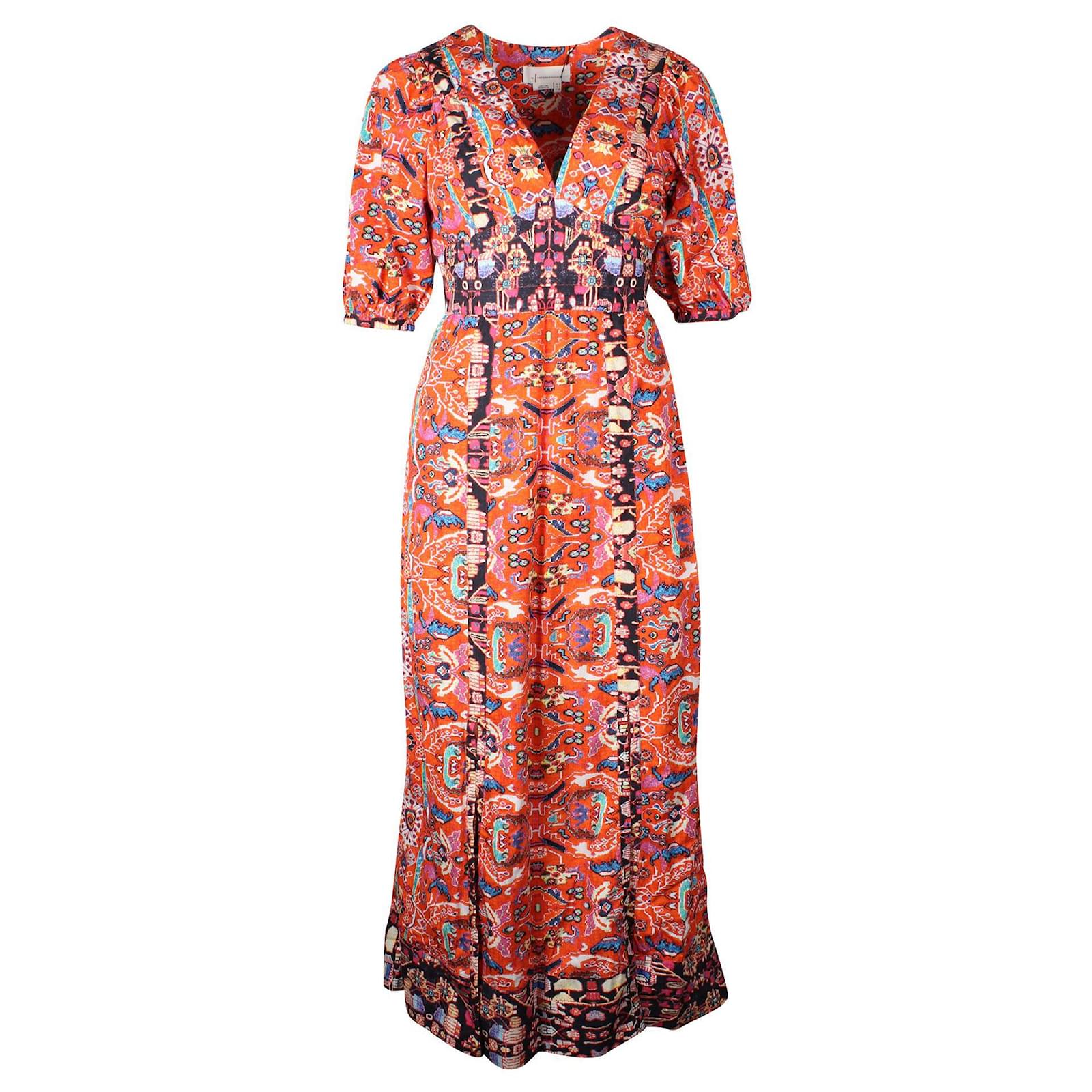 Autre Marque Anthropologie Orange Pattern Maxi Dress with Puff Sleeves  Cotton ref.740400 - Joli Closet