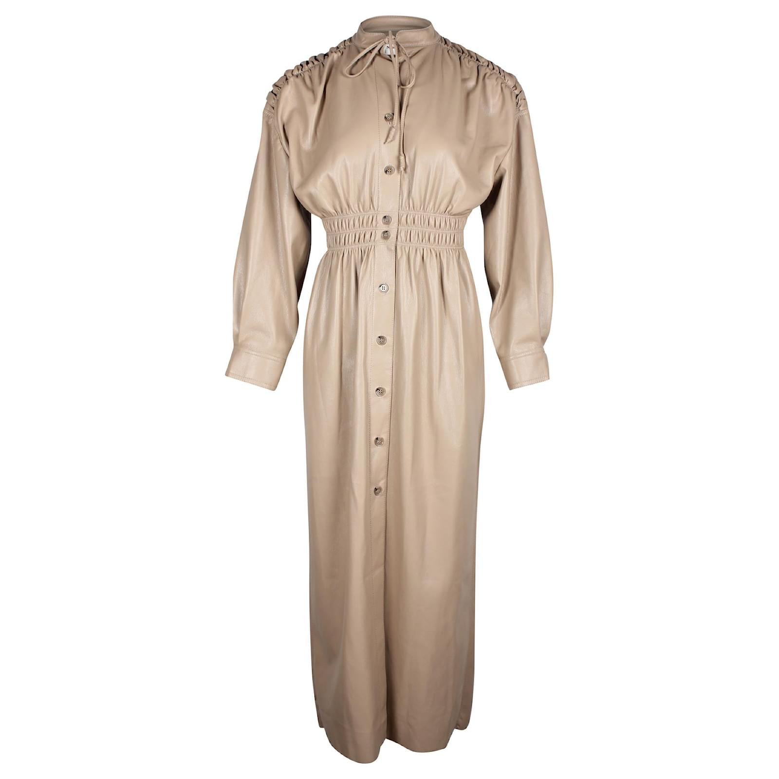 Nanushka Shirred Midi Shirt Dress in Beige Vegan Leather ref.740550 - Joli  Closet