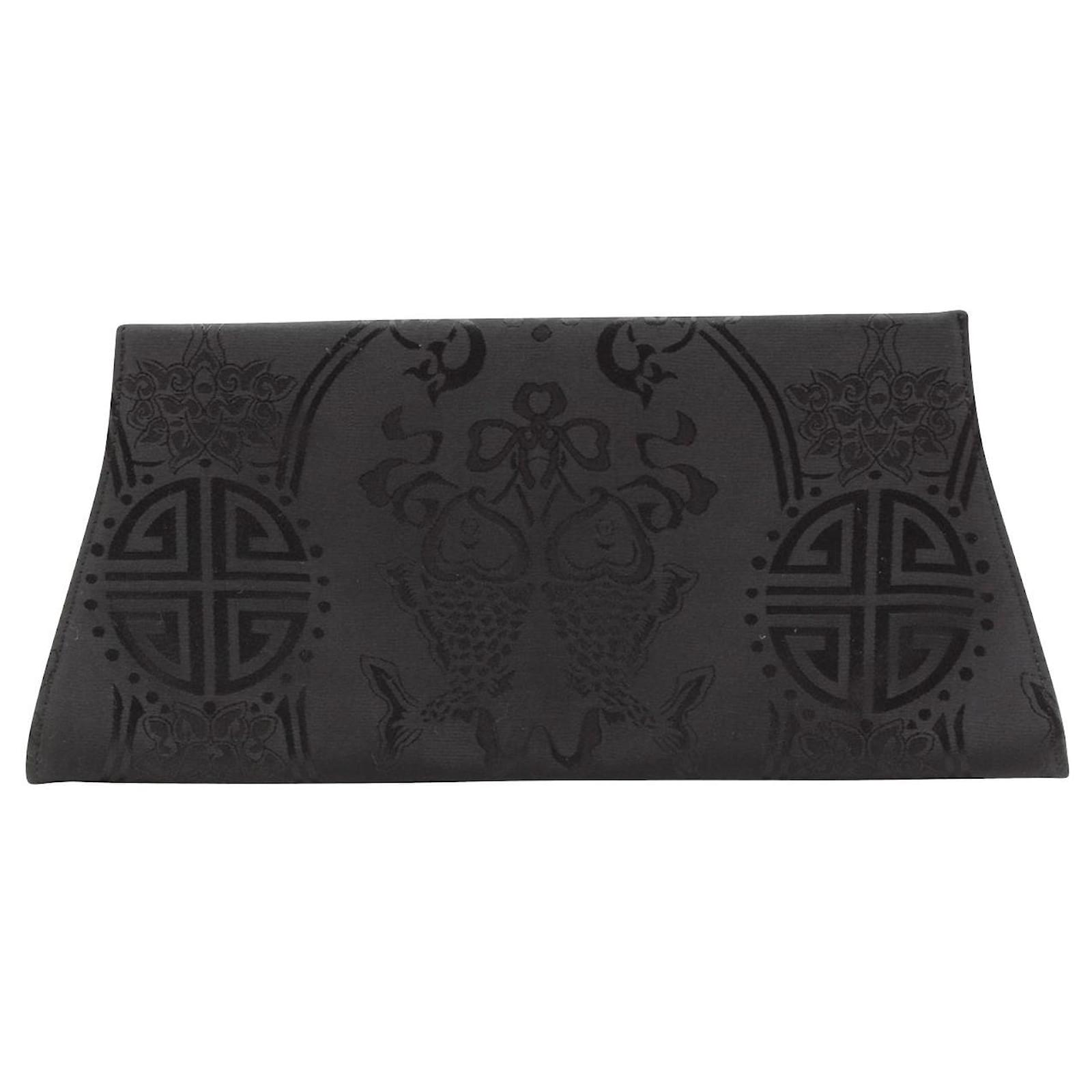 Shanghai Tang Silk embossed clutch with lime green lining Black