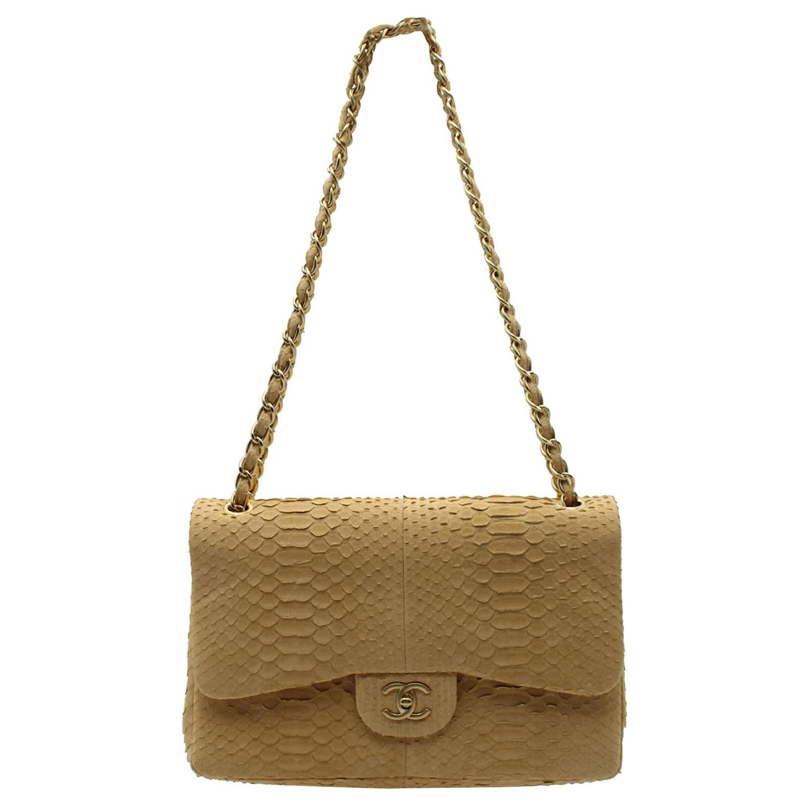 Chanel Beige Double Flap Matte Python Skin Jumbo Bag with Golden
