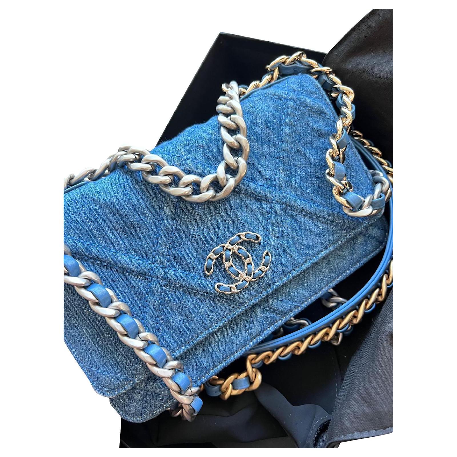 Chanel Light Blue Quilted Denim 19 Wallet On Chain Gold and