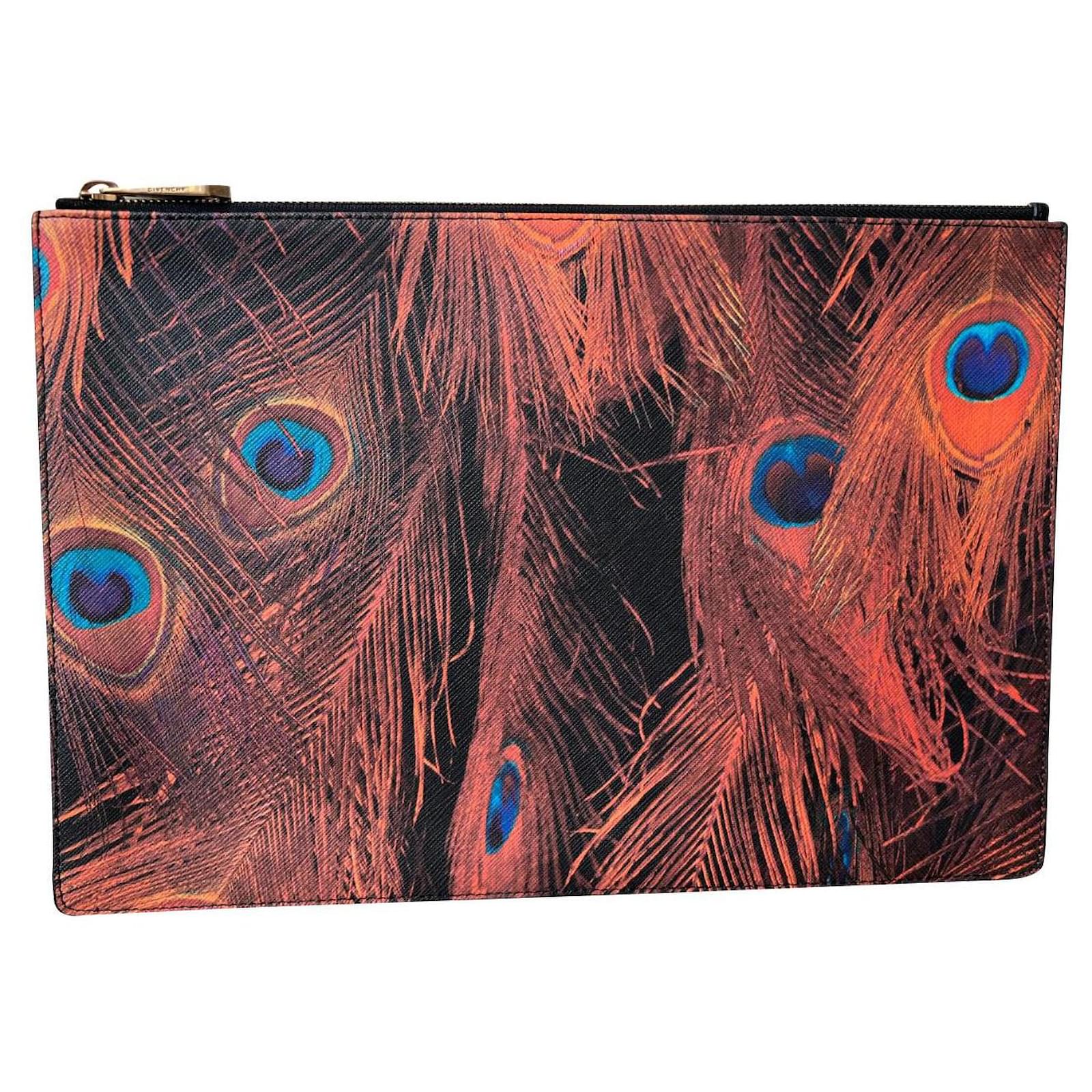 Givenchy Peacock Feather Large Zipper Pouch Clutch Bronze Cotton