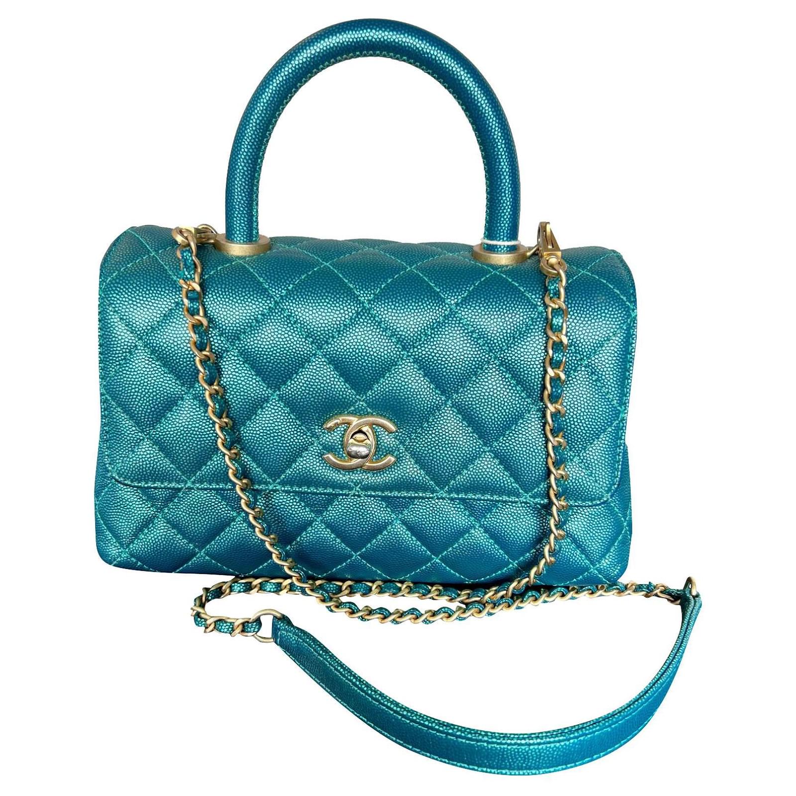 Coco Handle Chanel Small Coco Top Handle in Metallic Iridescent Mermaid  Blue Caviar Leather Flap.  - Joli Closet