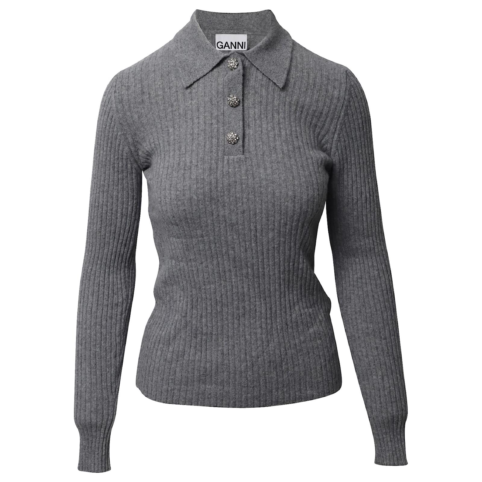 Ganni Crystal-Button Ribbed Sweater in Grey Wool Joli
