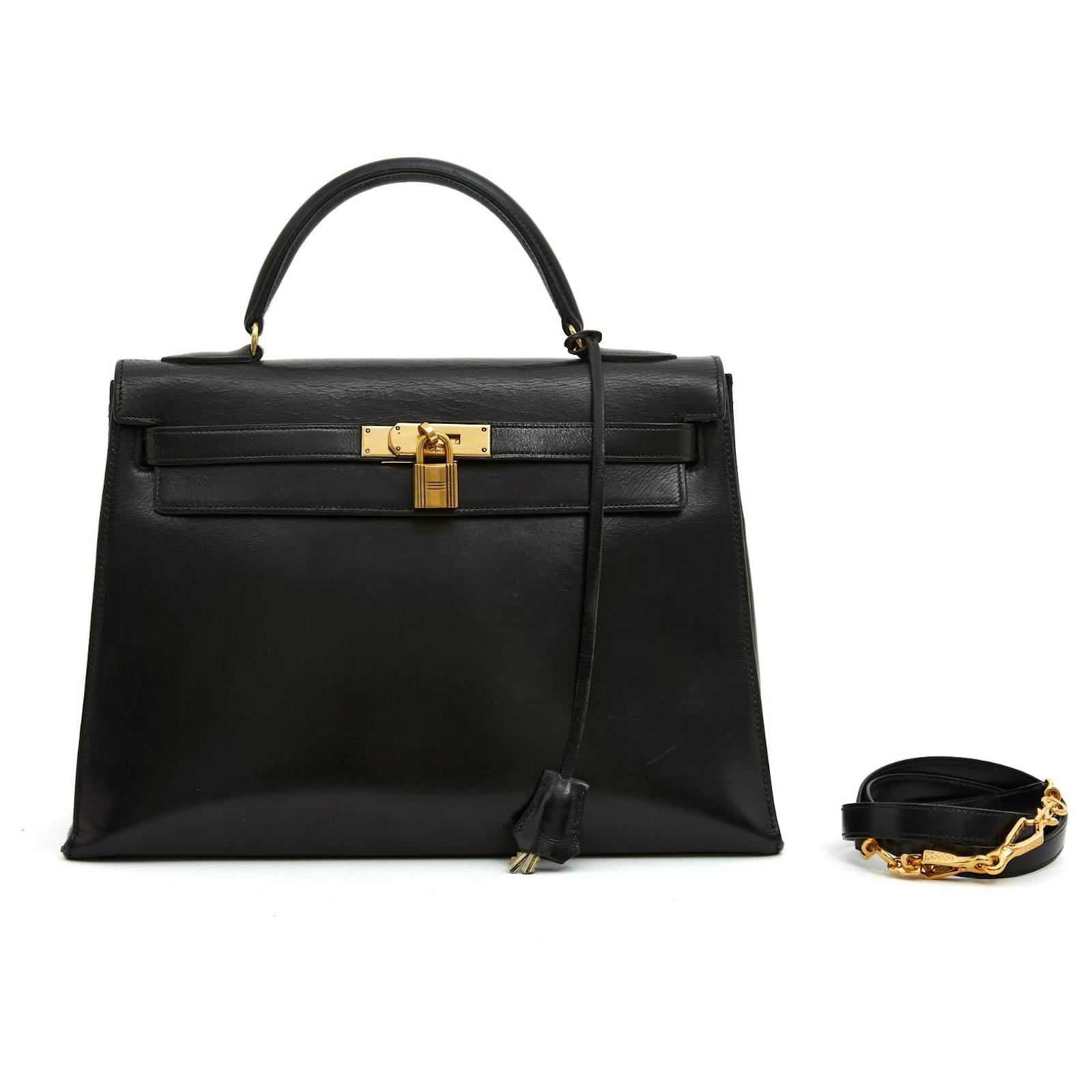 Hermès Kelly 32 SELLIER BLACK WITH STRAP Leather ref.752972 - Joli Closet