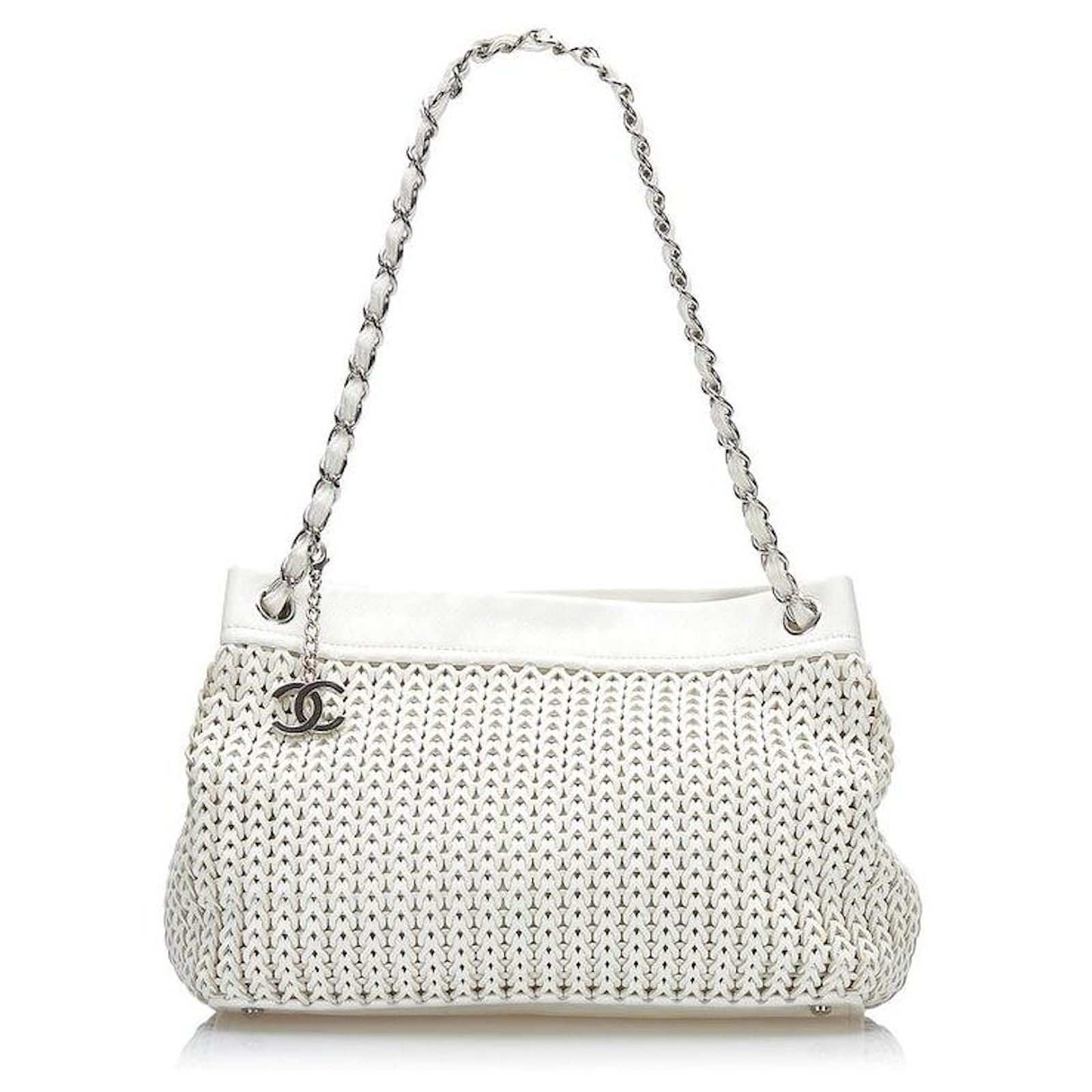Chanel CC Woven Leather Chain Tote Bag White Pony-style calfskin