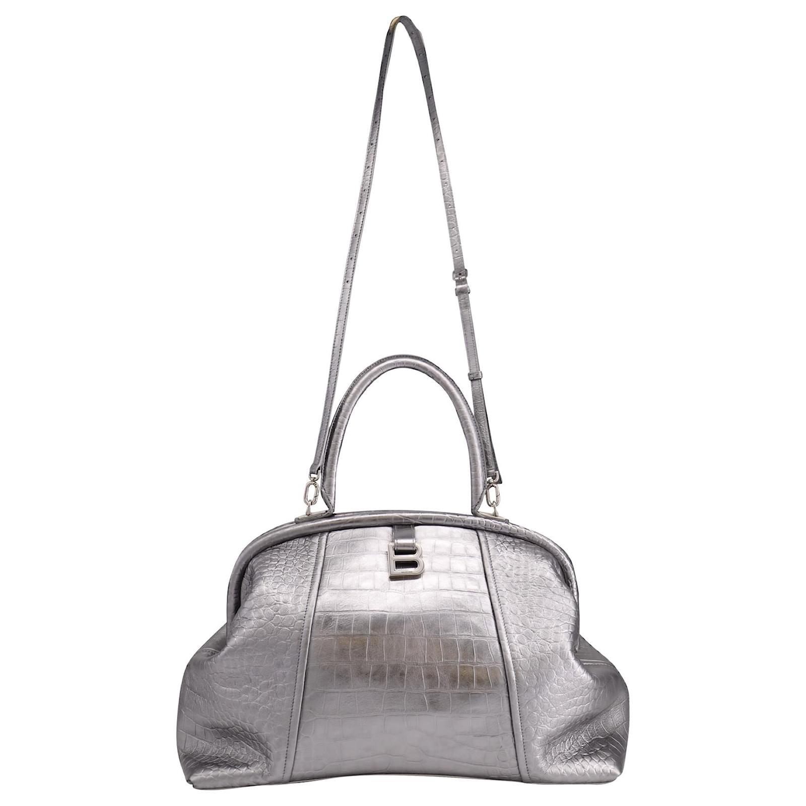 Balenciaga Hourglass Small Handbag Crocodile Embossed - Grey & Silver - Women's - Calfskin