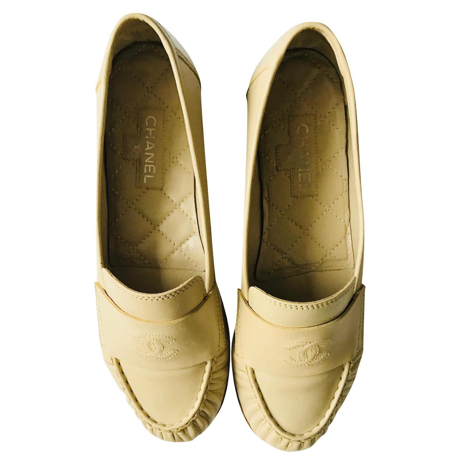 CHANEL Lambskin Quilted CC Turnlock Loafers 36.5 Beige 1083461