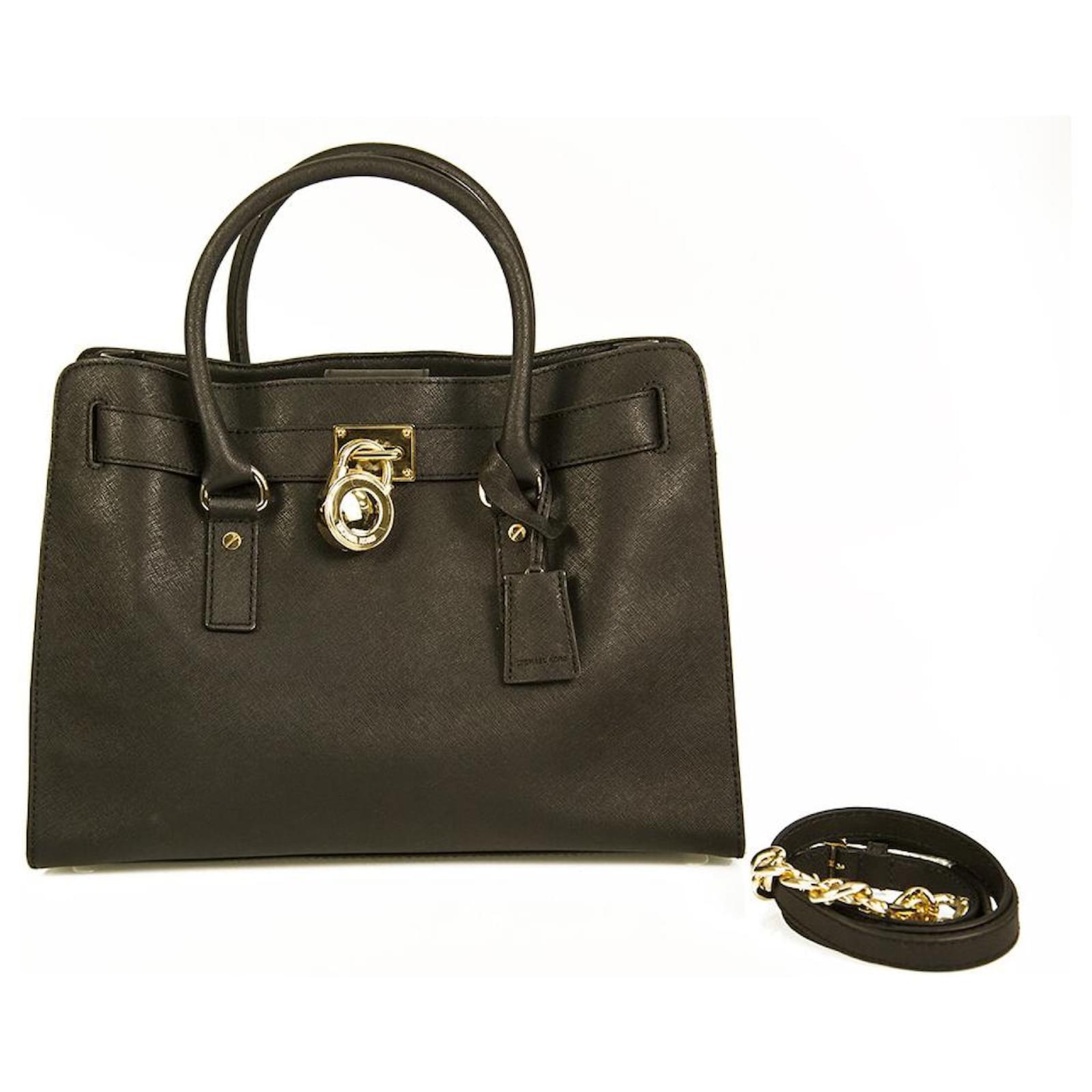 Michael Kors Hamilton Large Saffiano Leather Tote Shoulder Black Gold Bag  Purse