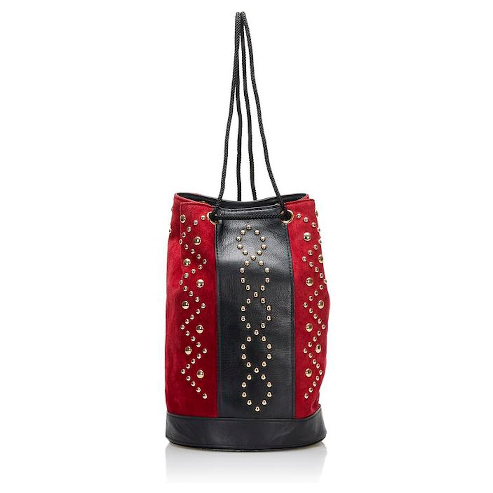 Yves Saint Laurent Studded Suede Leather Drawstring Bag Red Nubuck