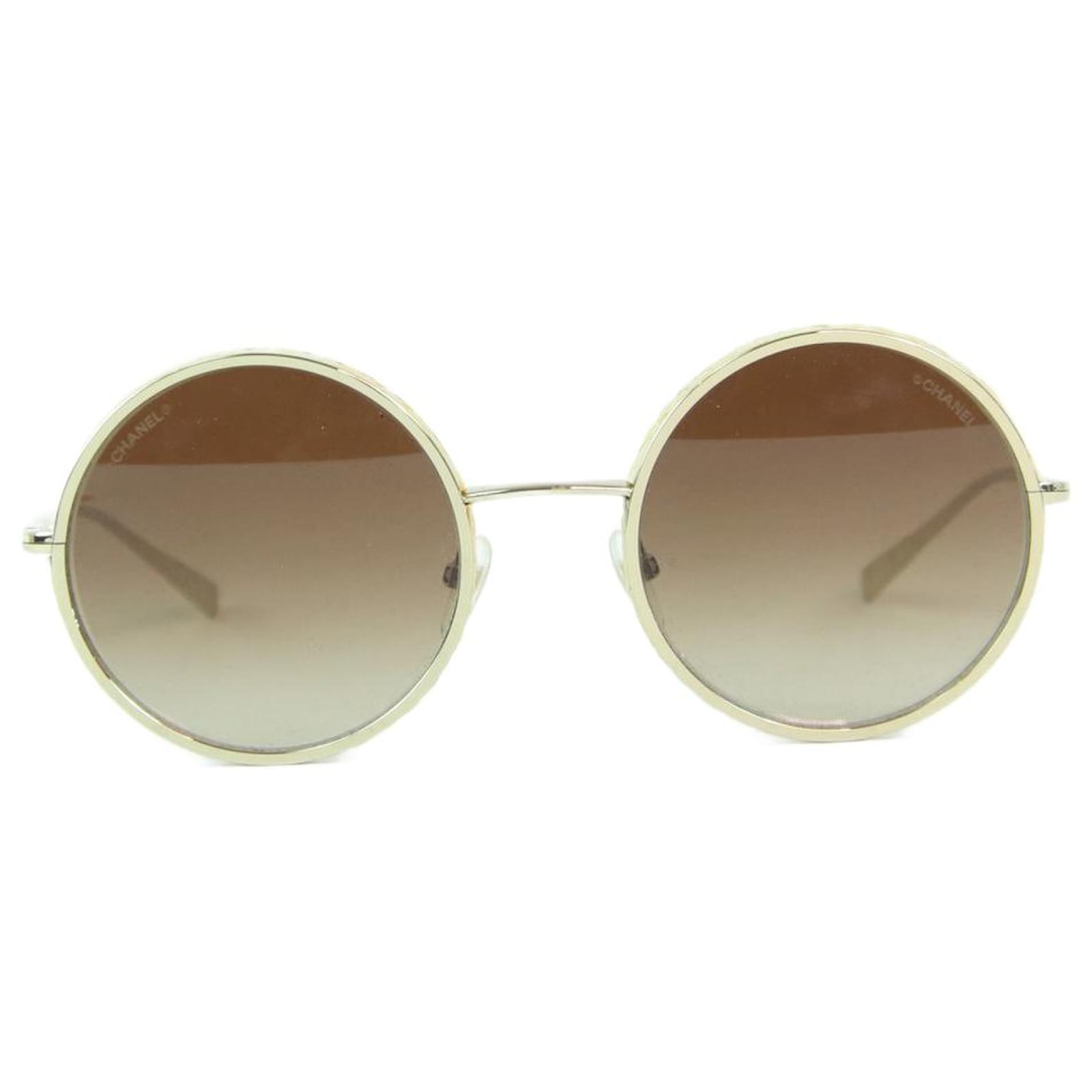 CHANEL 18k Gold Mirror Round Signature Sunglasses 4206 Gold 123863   FASHIONPHILE