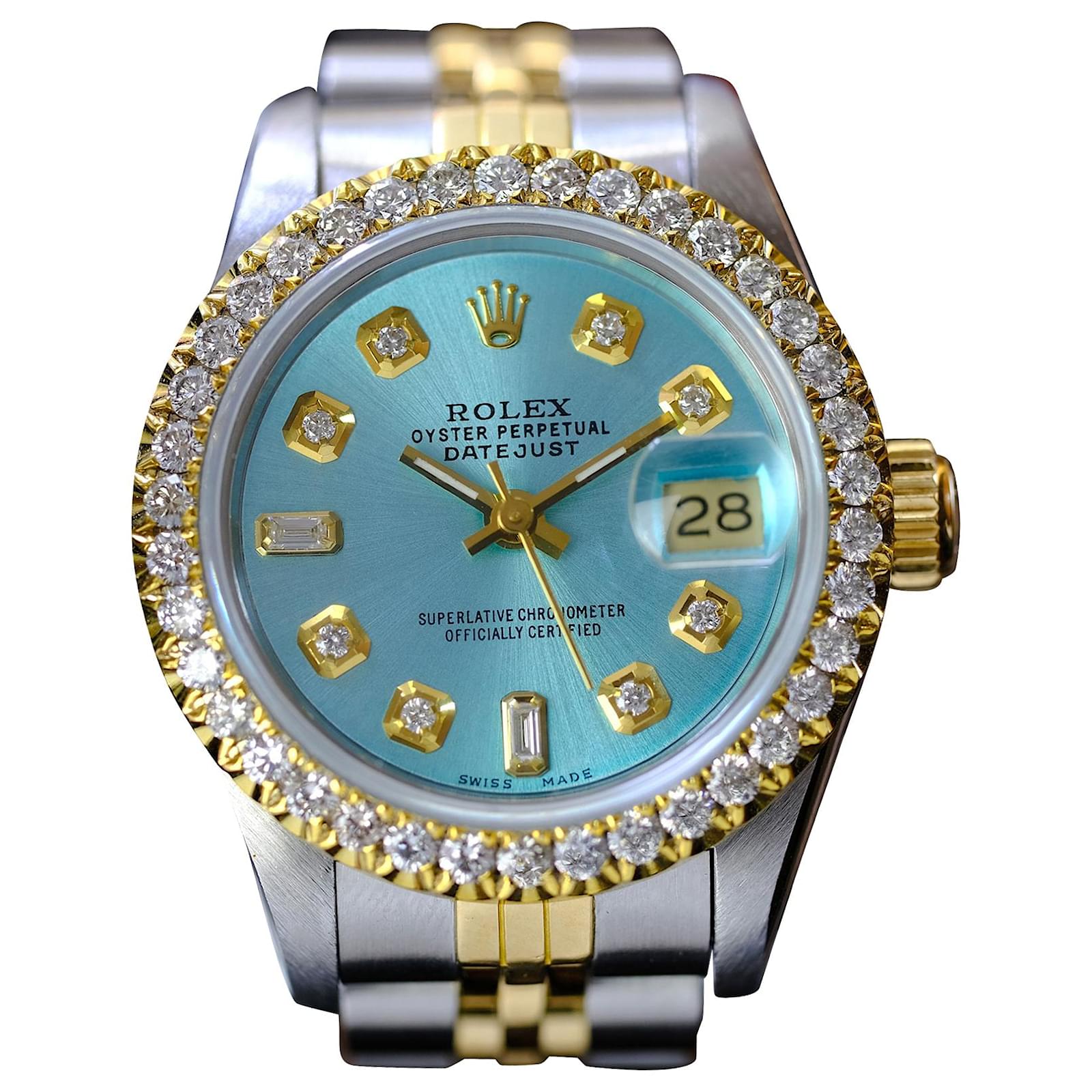 ROLEX LADIES DATEJUST 18K YELLOW GOLD DIAMOND SAPPHIRE & STEEL BLUE  DIAL WATCH