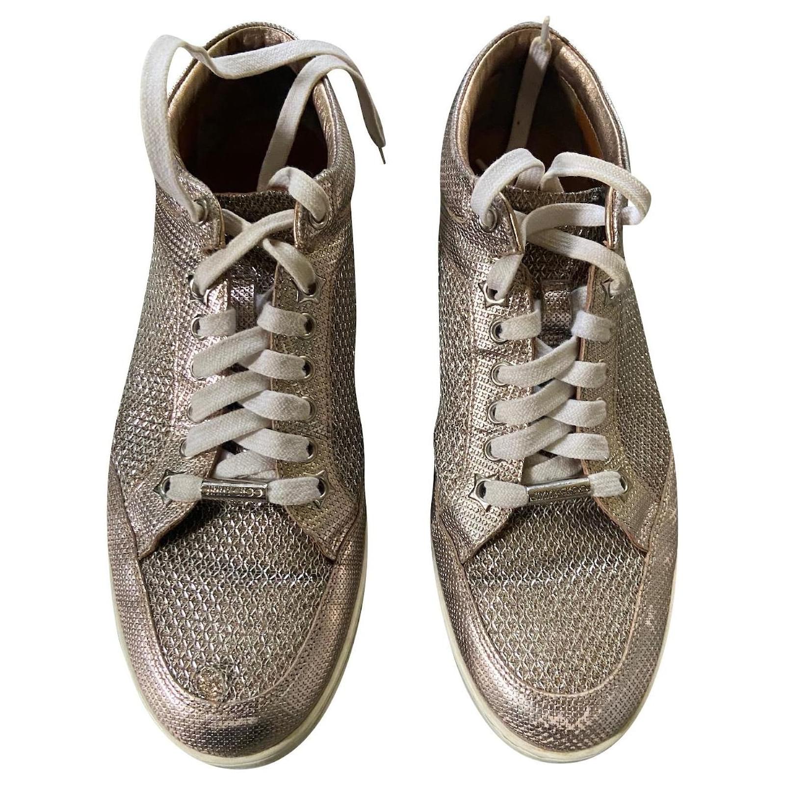 Jimmy Choo Gold Leather and Coarse Glitter Miami High Top Sneakers Size 41  - ShopStyle